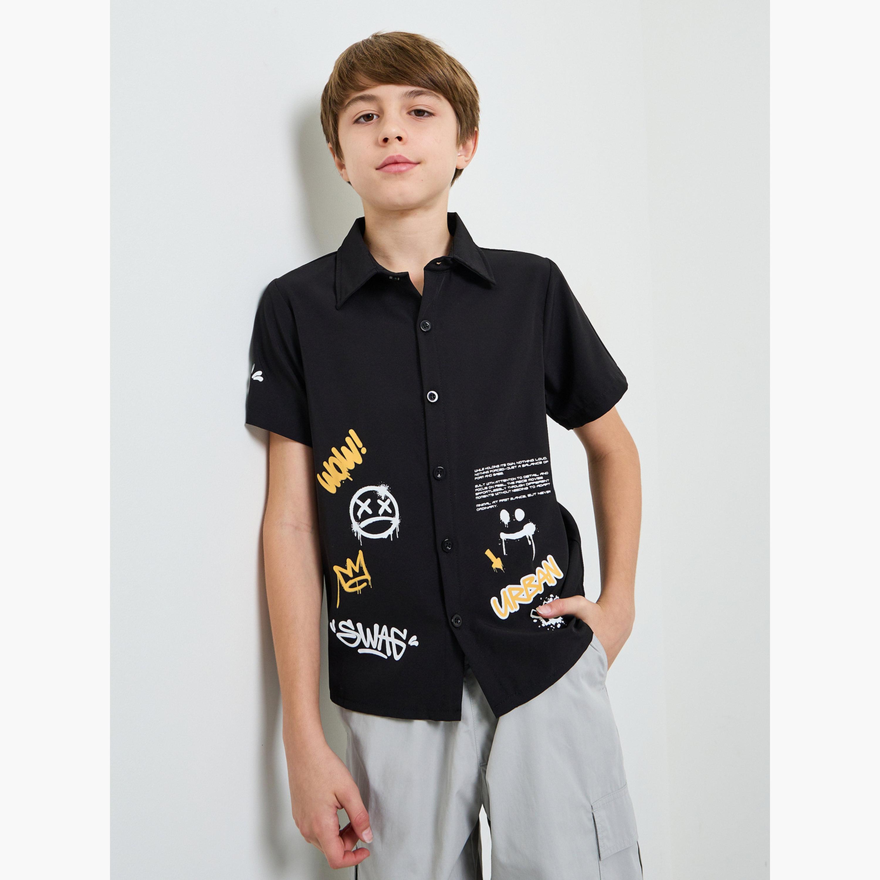 Styli Teen Boys Black Graffiti Print Collared Shirt-boys-clothing-shirts-image-1