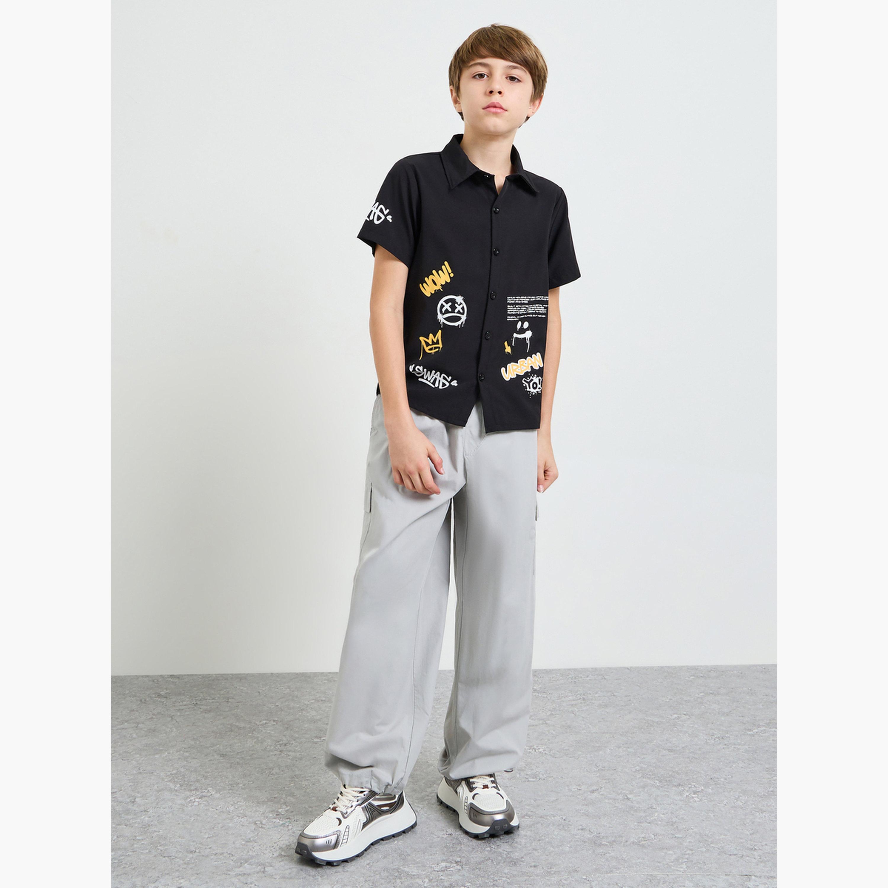Styli Teen Boys Black Graffiti Print Collared Shirt-boys-clothing-shirts-image-2