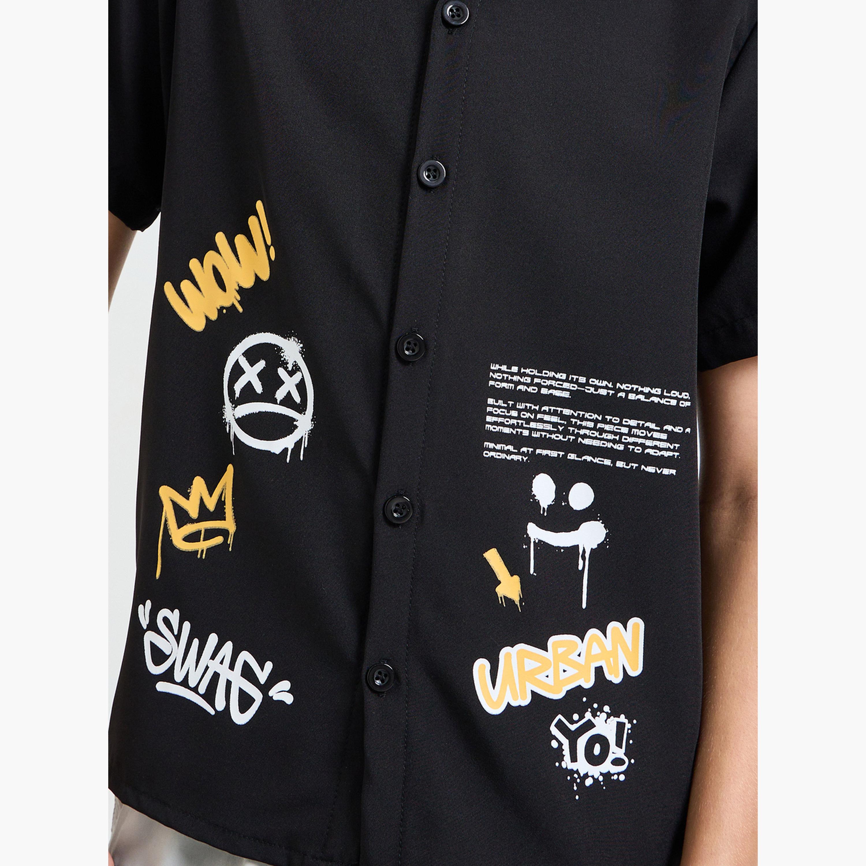 Styli Teen Boys Black Graffiti Print Collared Shirt-boys-clothing-shirts-image-4