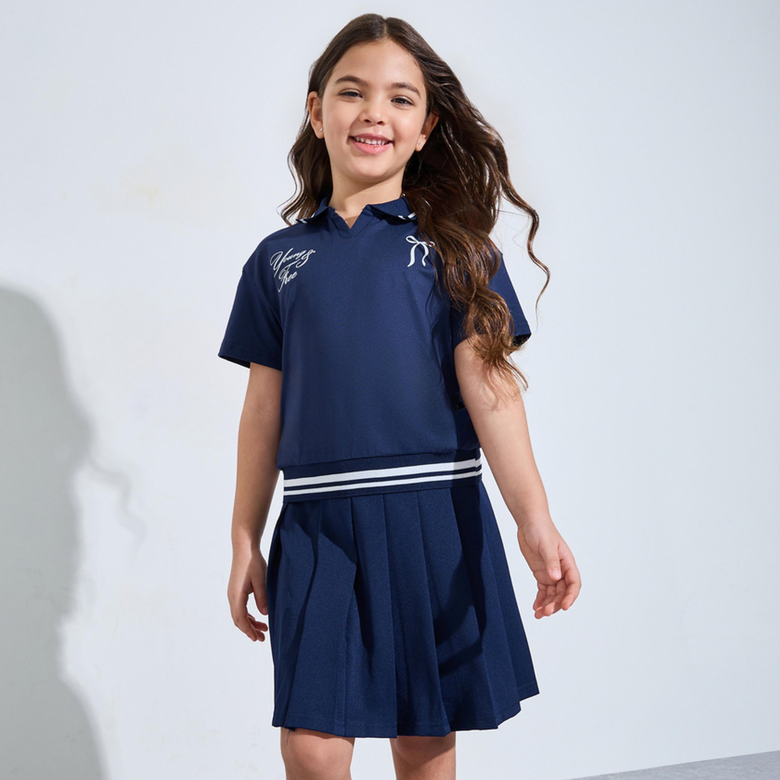 Styli Girls Navy Blue Polo Top and Pleated Skirt Set-girls-clothing-setsandcoords-image-1