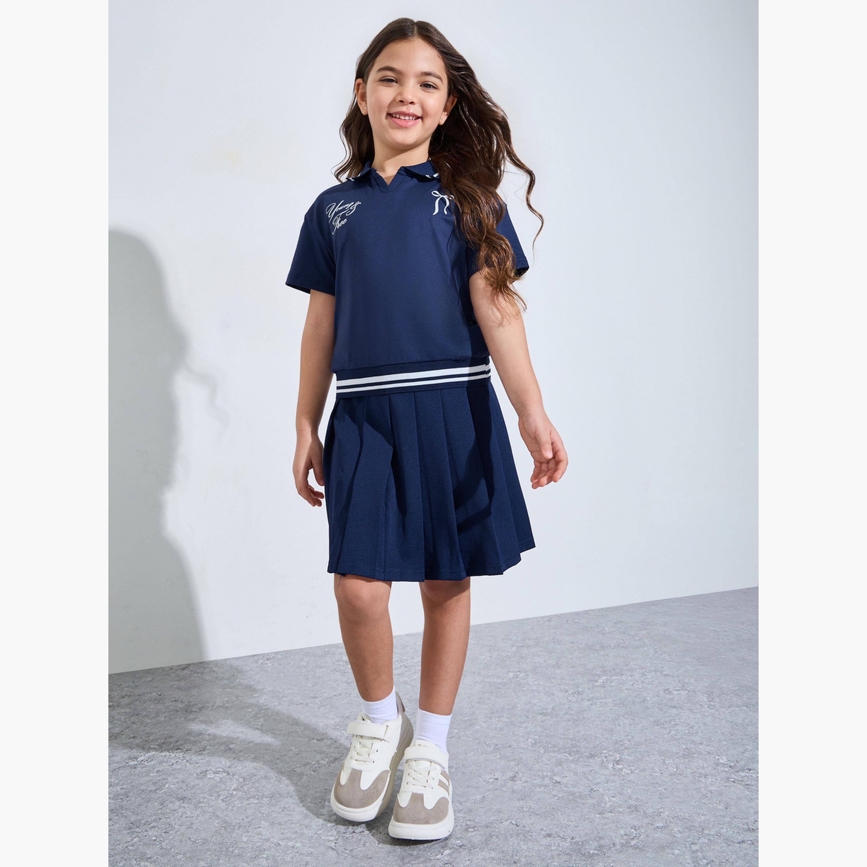Styli Girls Navy Blue Polo Top and Pleated Skirt Set-girls-clothing-setsandcoords-image-2