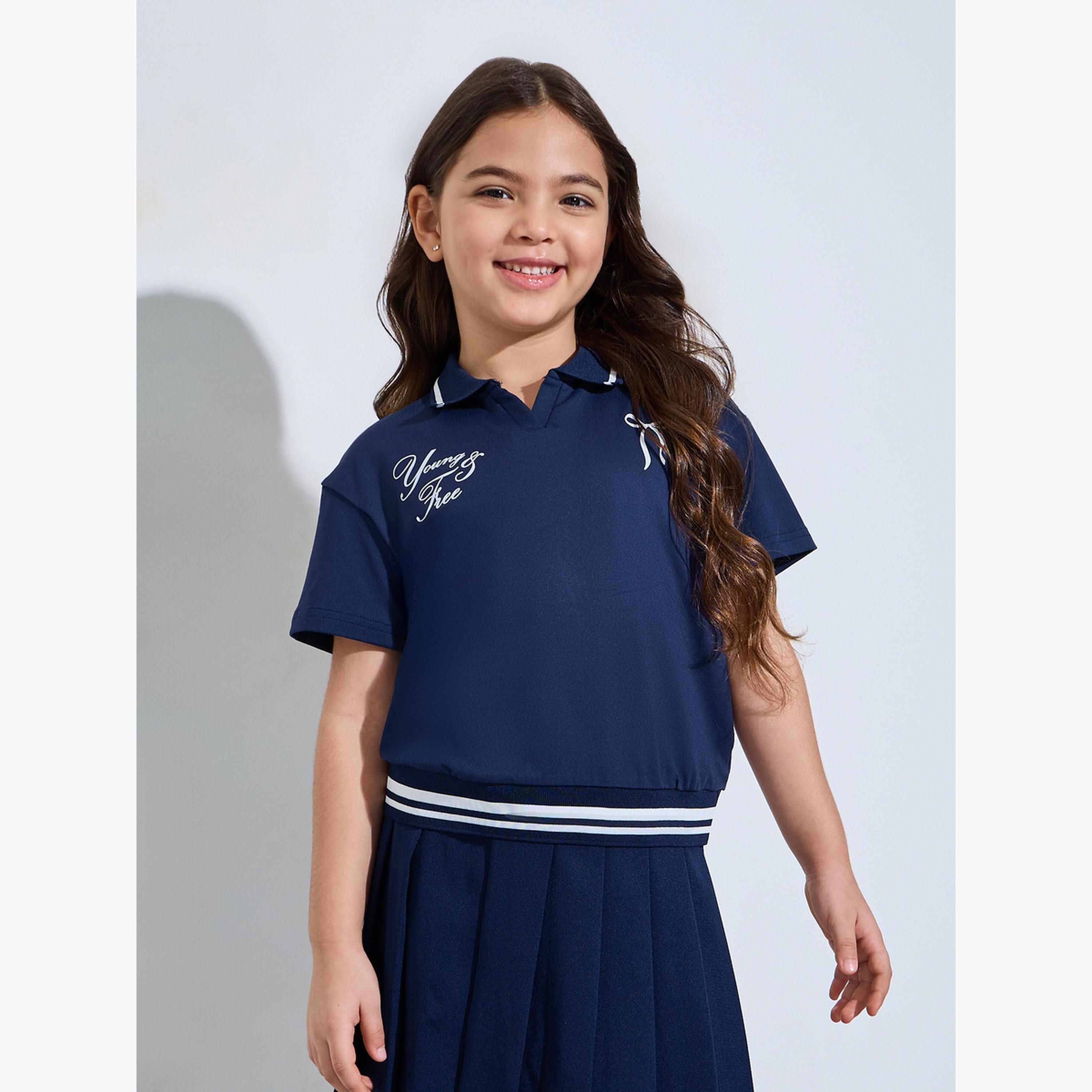 Styli Girls Navy Blue Polo Top and Pleated Skirt Set-girls-clothing-setsandcoords-image-3