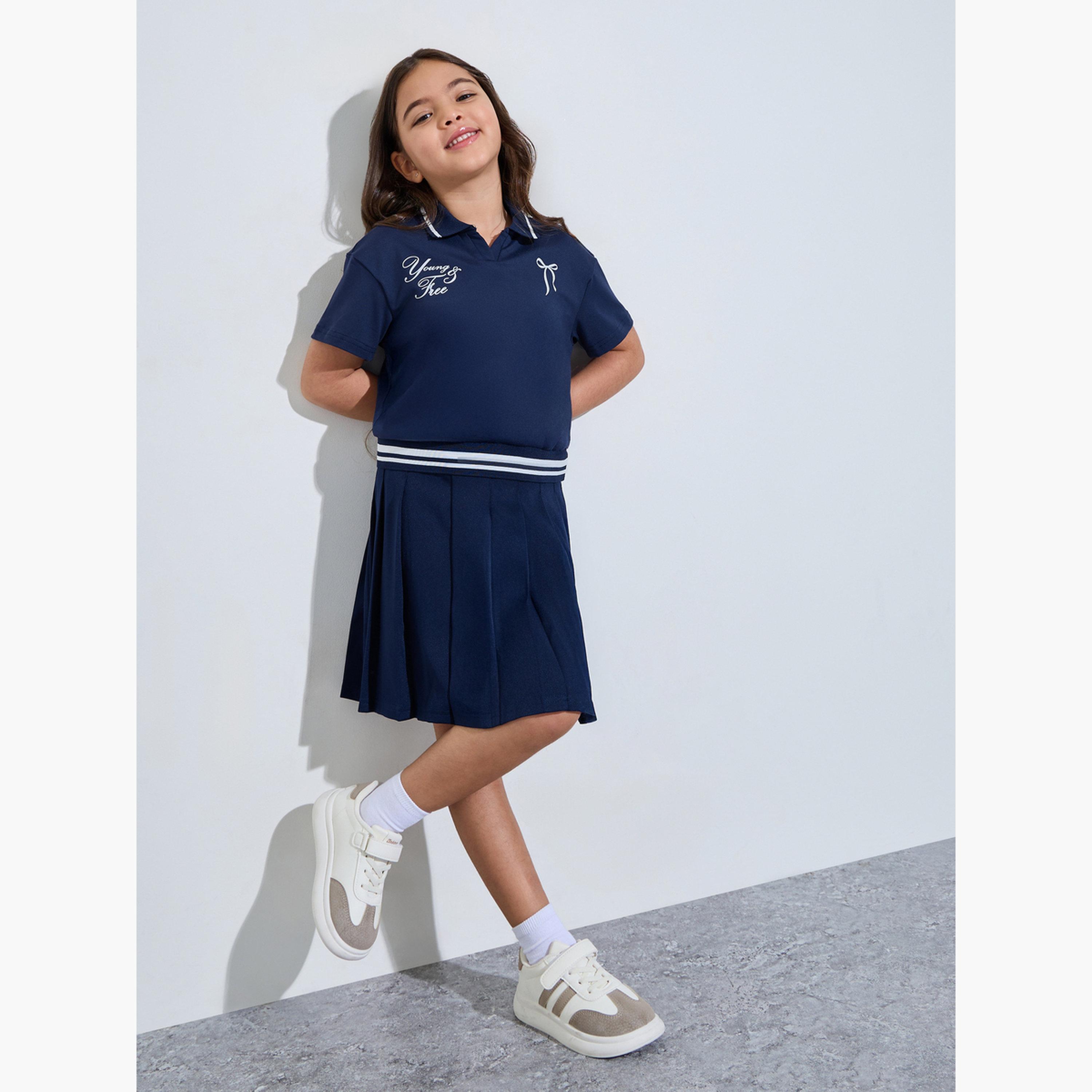 Styli Girls Navy Blue Polo Top and Pleated Skirt Set-girls-clothing-setsandcoords-image-4