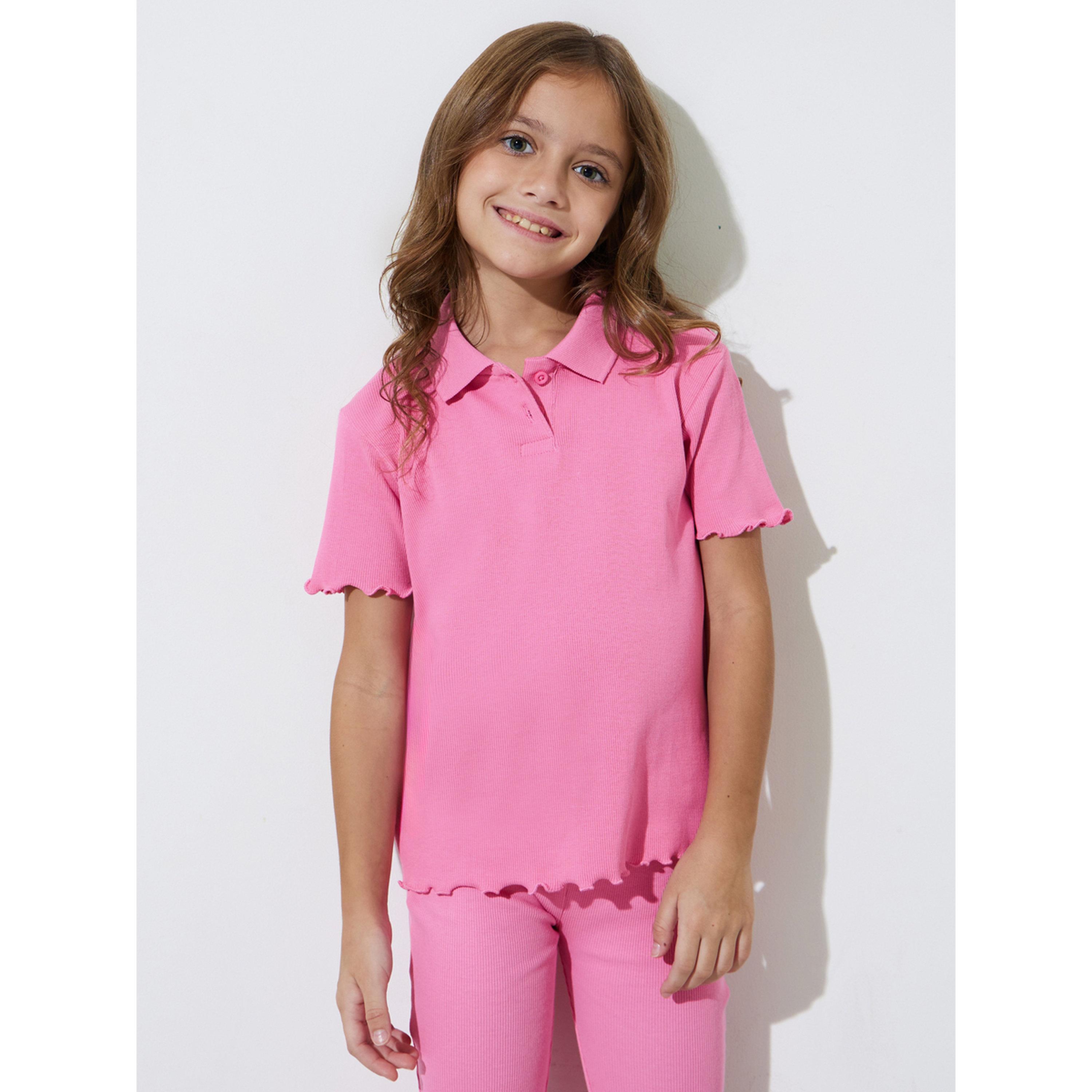 تيشيرت بولو مضلع بحافة مموجة للبنات-girls-clothing-tshirts-image-1