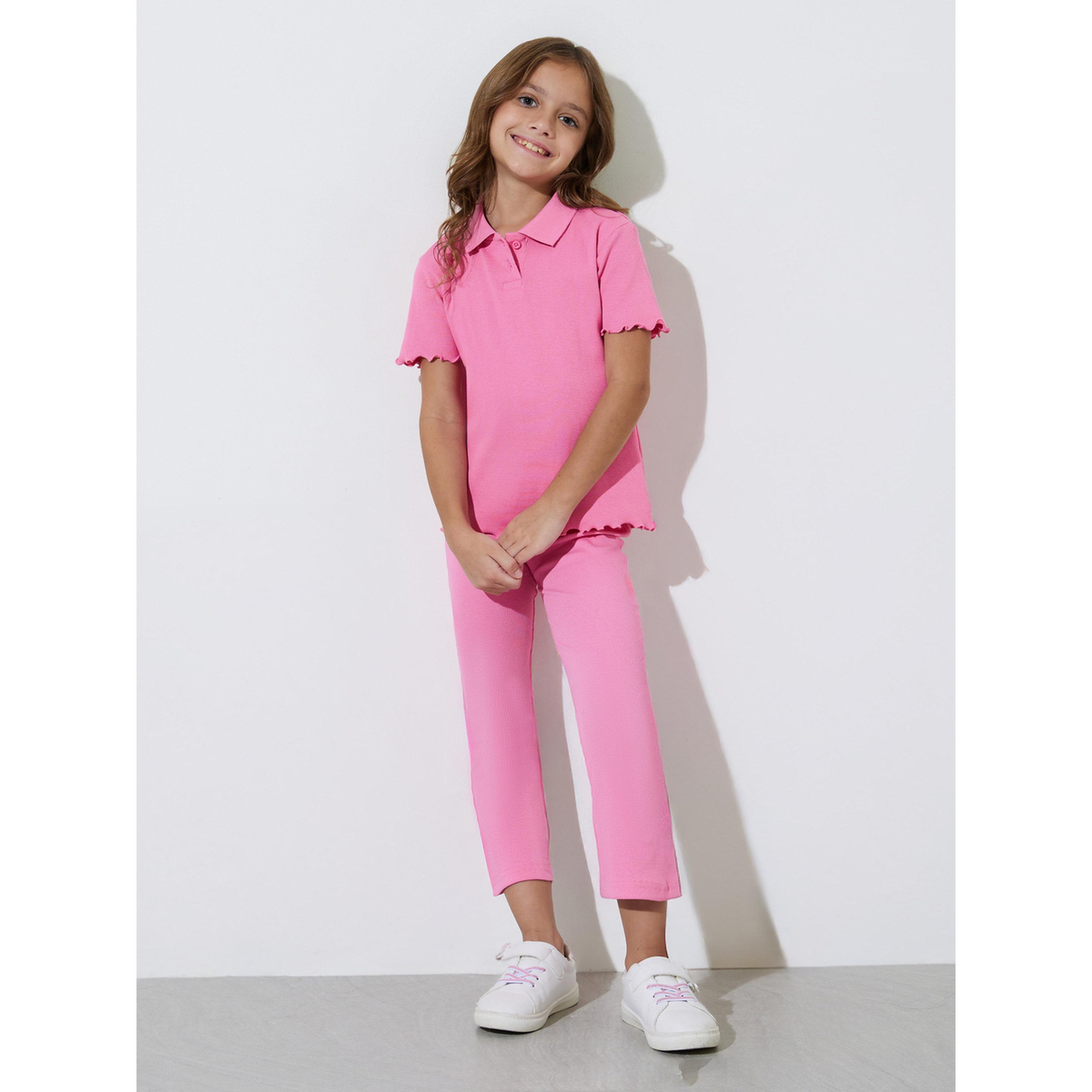 تيشيرت بولو مضلع بحافة مموجة للبنات-girls-clothing-tshirts-image-2