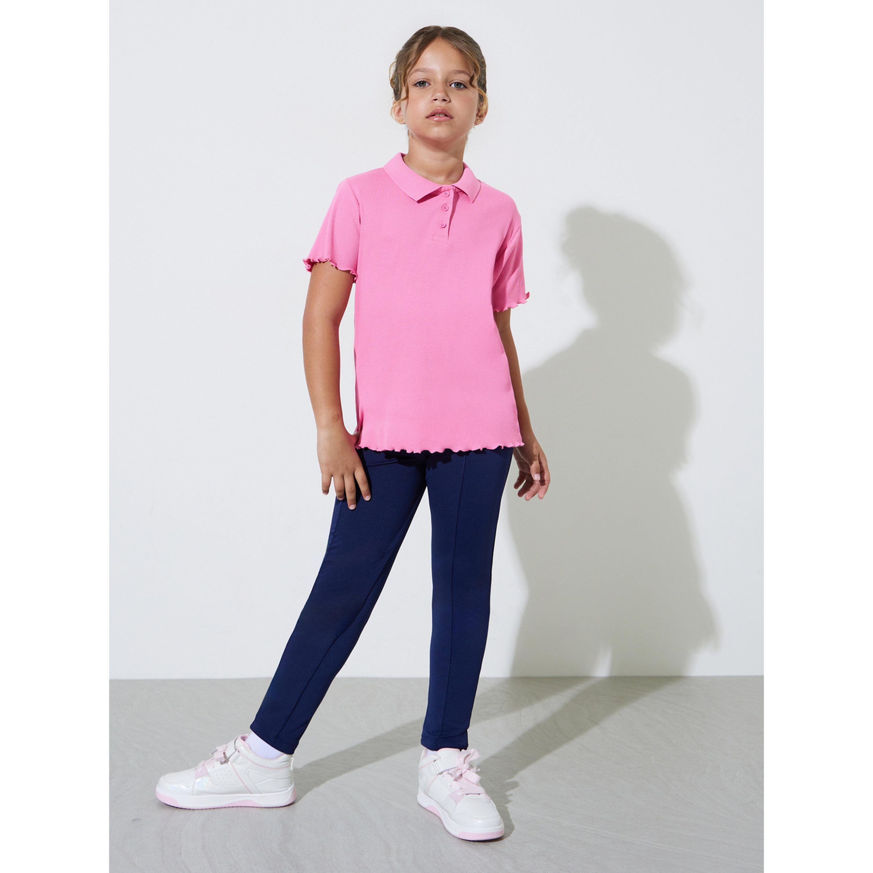 Styli Teen Girls Ribbed Polo T-Shirt with Lettuce Hem-girls-clothing-tshirts-image-2
