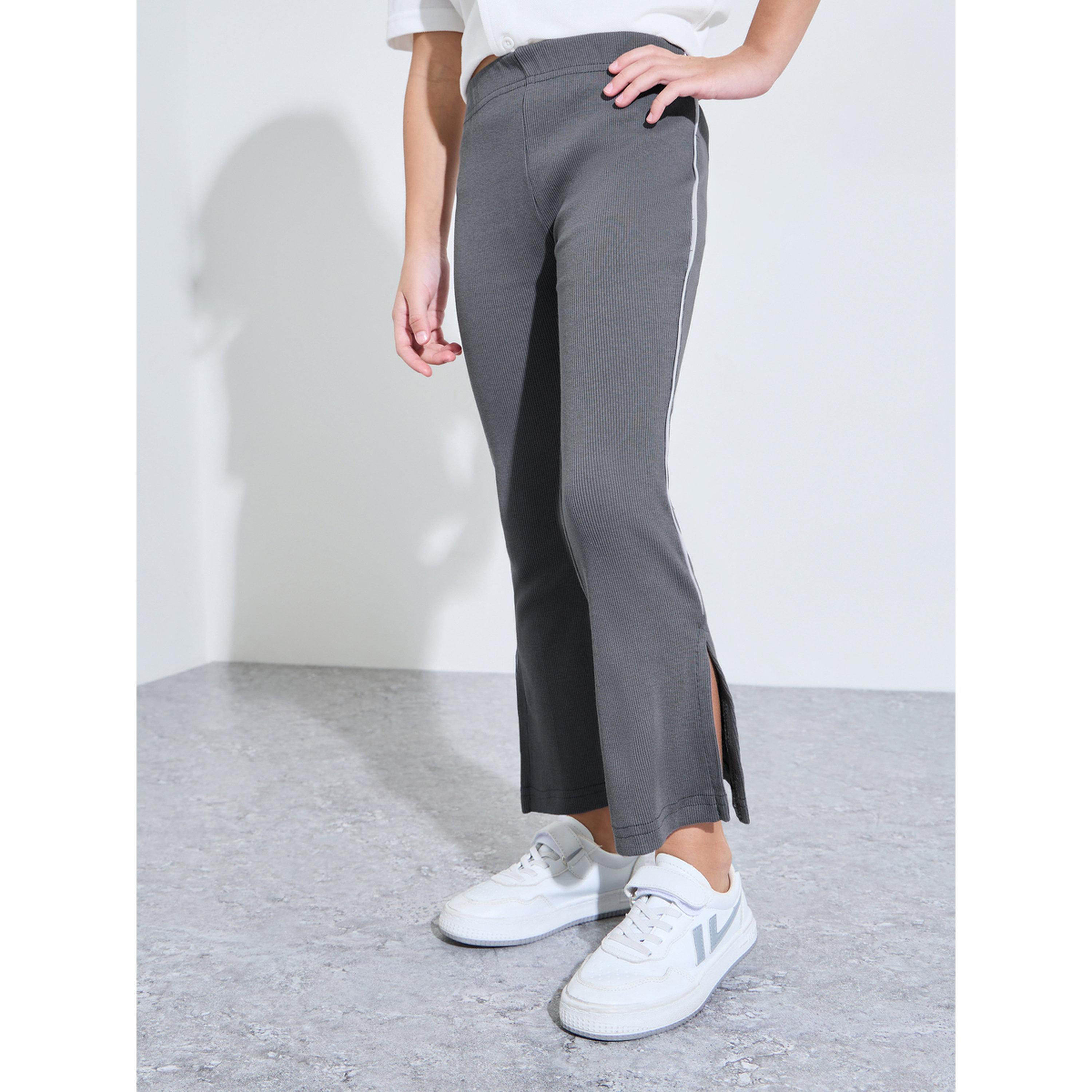 Styli Girls Grey Ribbed Leggings with Side Stripe and Slit-girls-clothing-bottoms-leggings-image-1