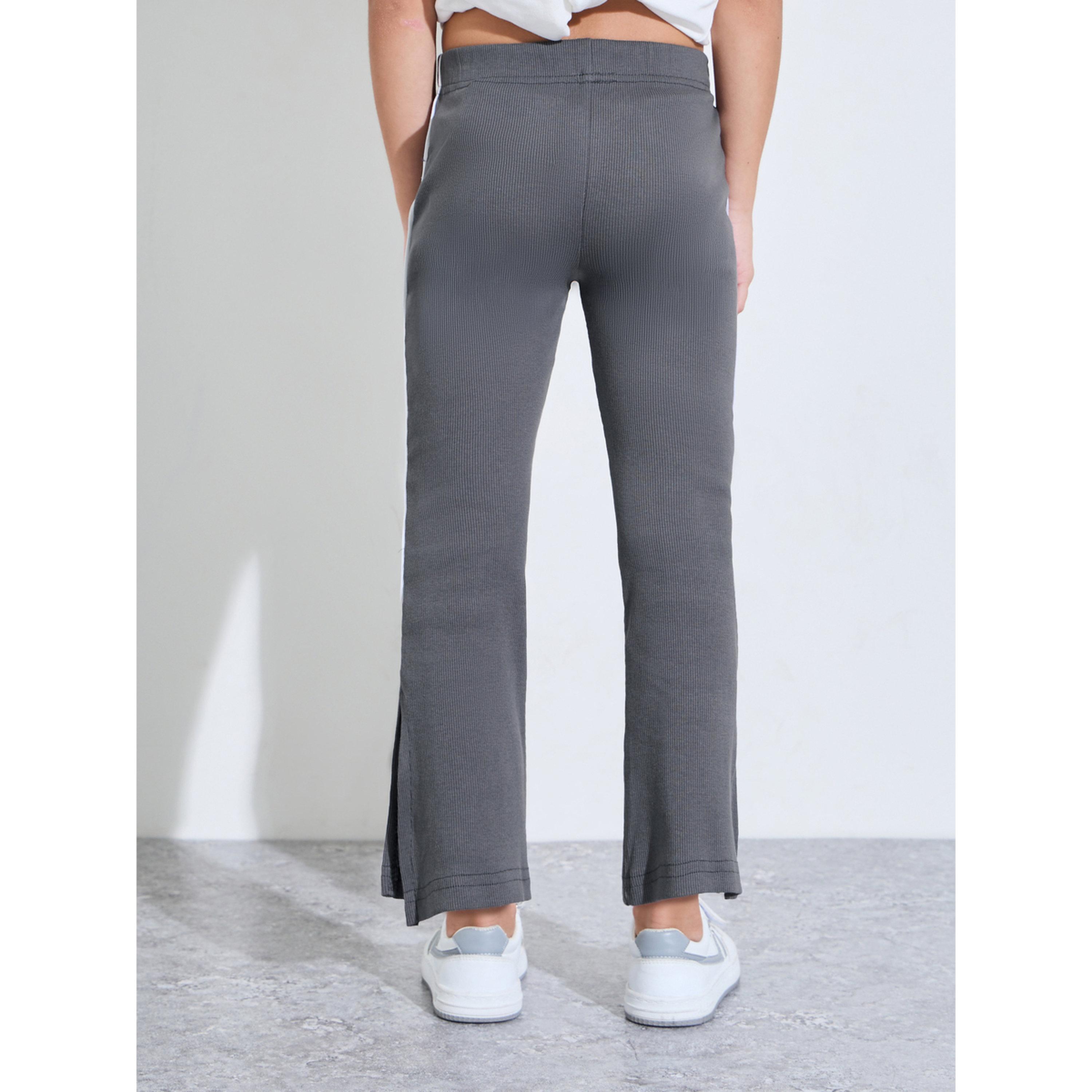 Styli Girls Grey Ribbed Leggings with Side Stripe and Slit-girls-clothing-bottoms-leggings-image-4