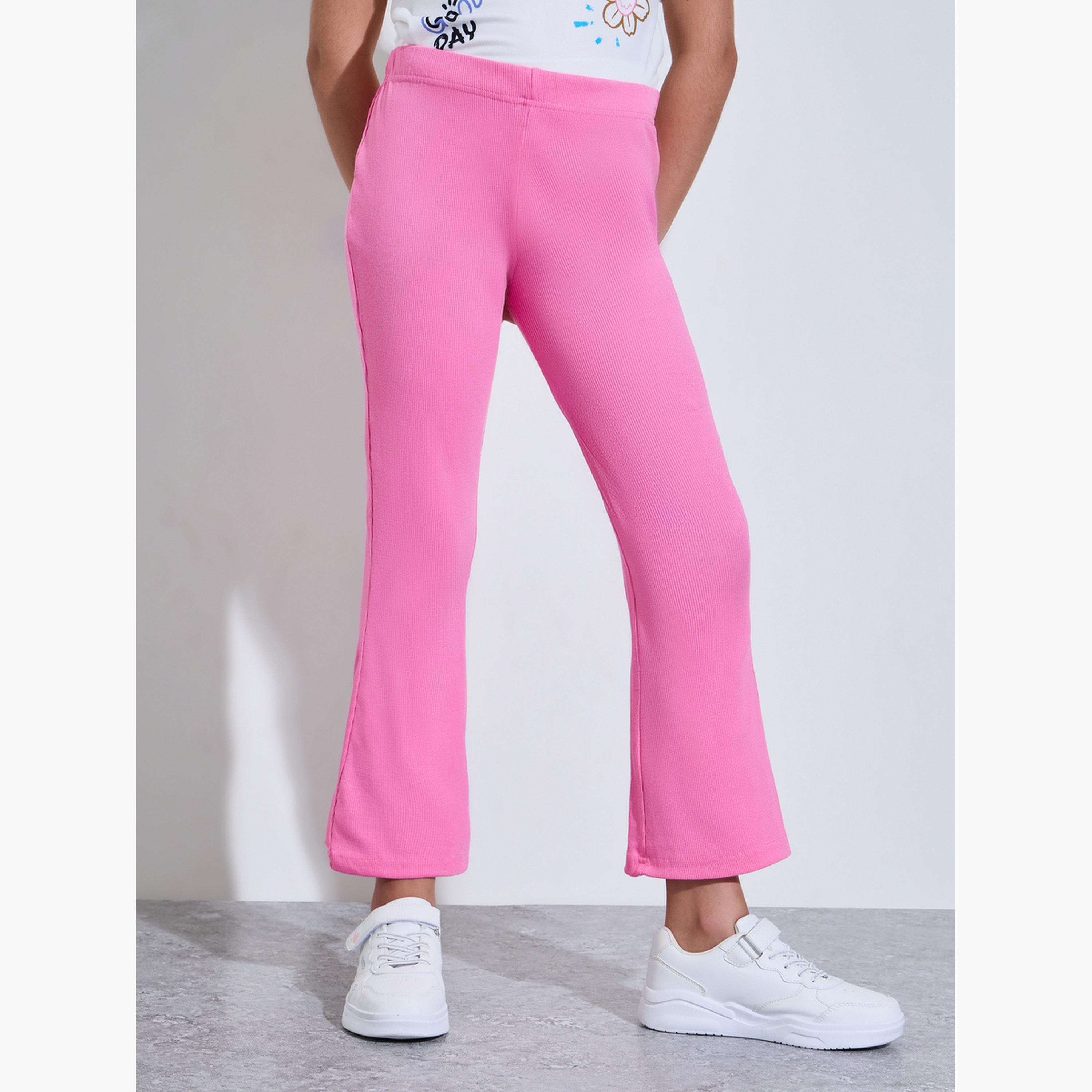 Styli Teen Girls Pink Ribbed Flared Leggings-girls-clothing-bottoms-leggings-image-1