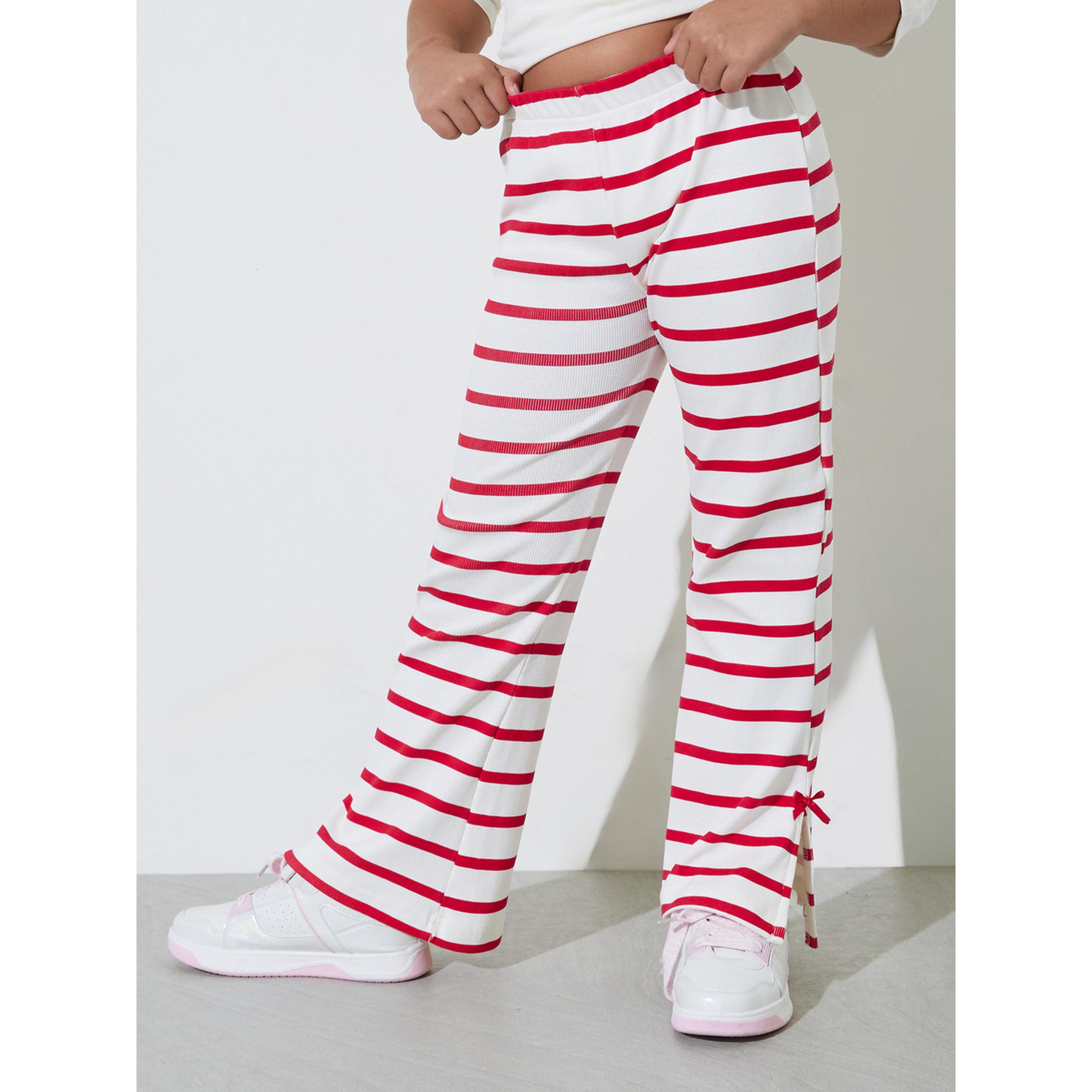 Styli Teen Girls Striped Ribbed Knit Flare Leggings with Side Bow Slits-girls-clothing-bottoms-leggings-image-1