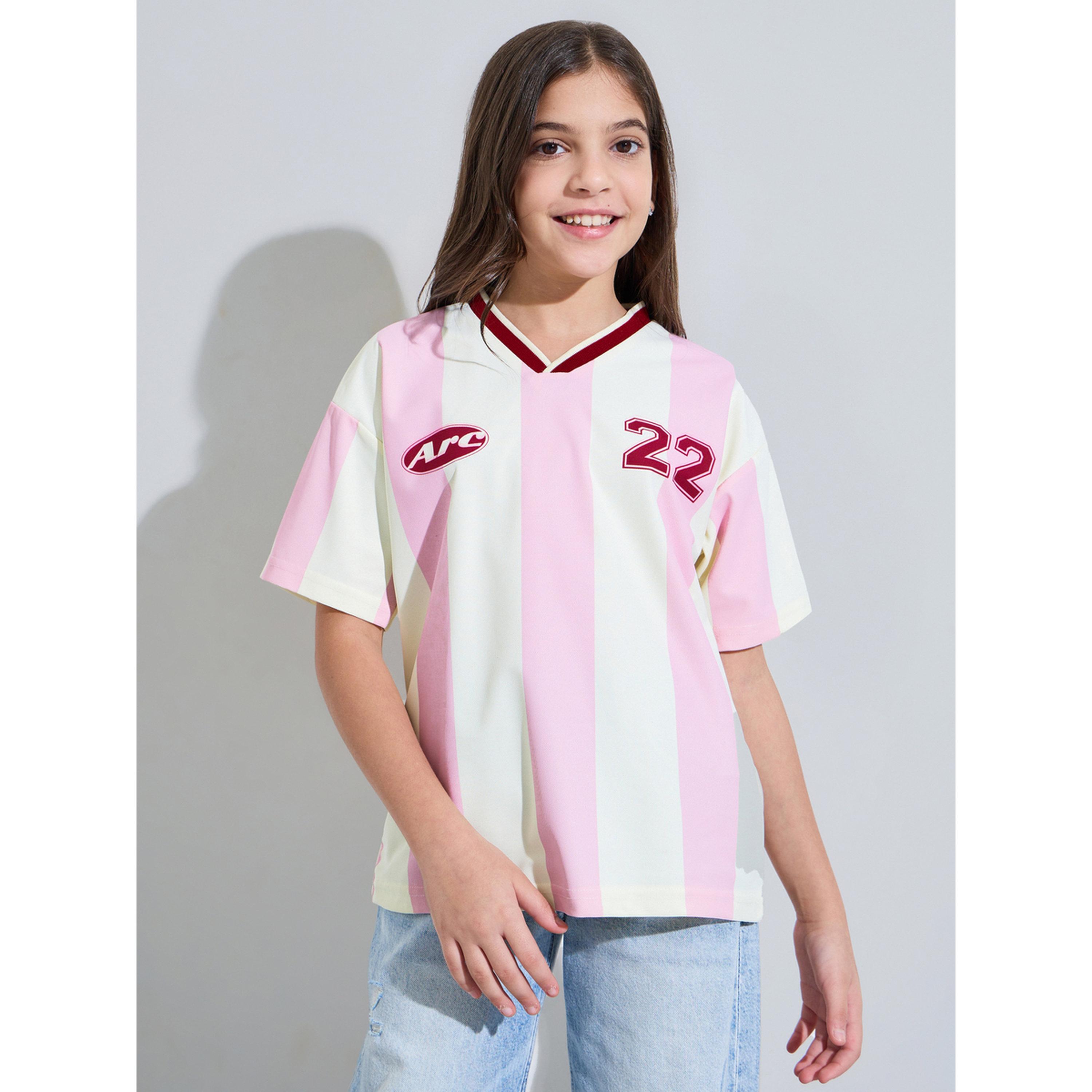 تيشيرت جيرسي واسع مخطط للبنات الكبار-sports-girls-clothing-tops-image-1