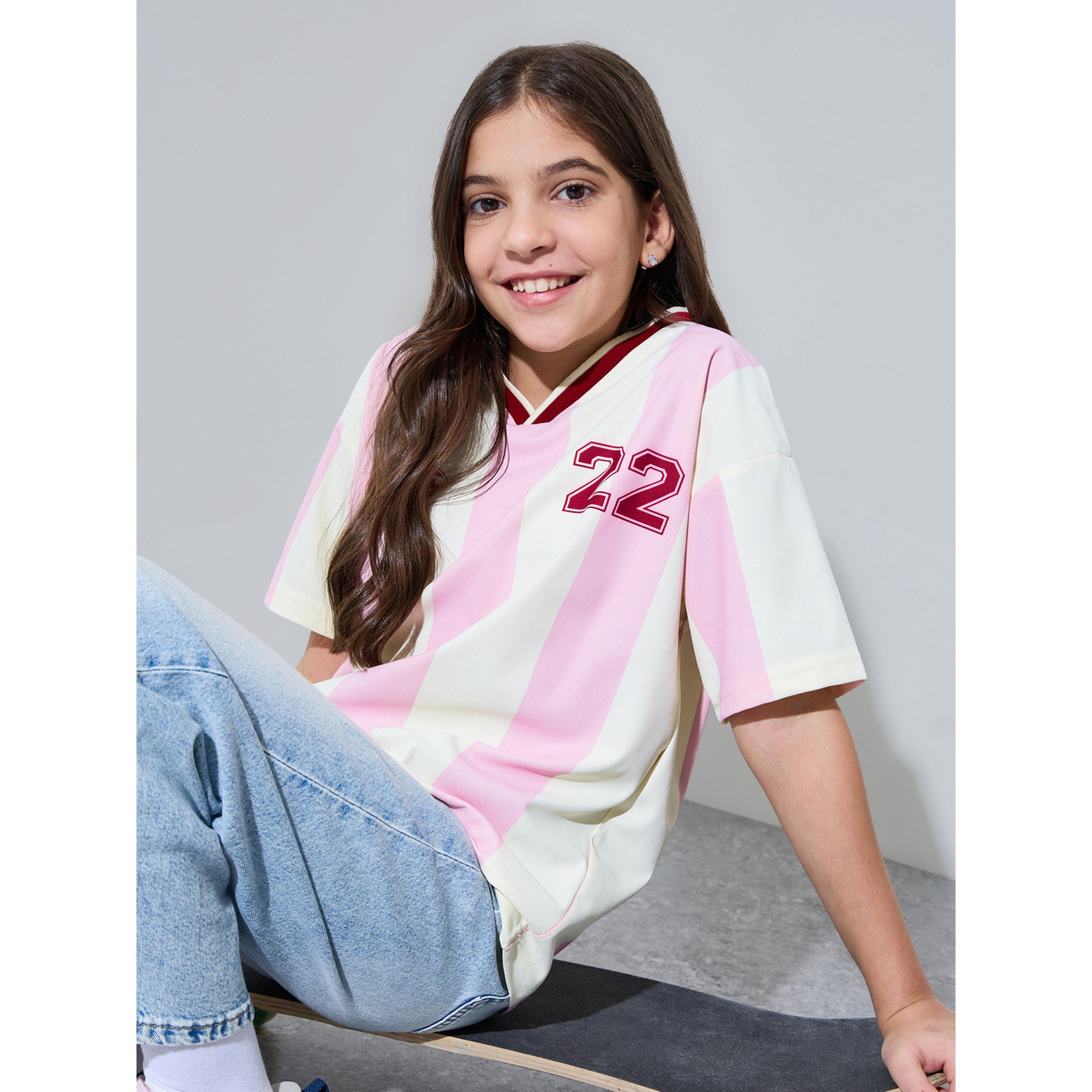 تيشيرت جيرسي واسع مخطط للبنات الكبار-sports-girls-clothing-tops-image-3