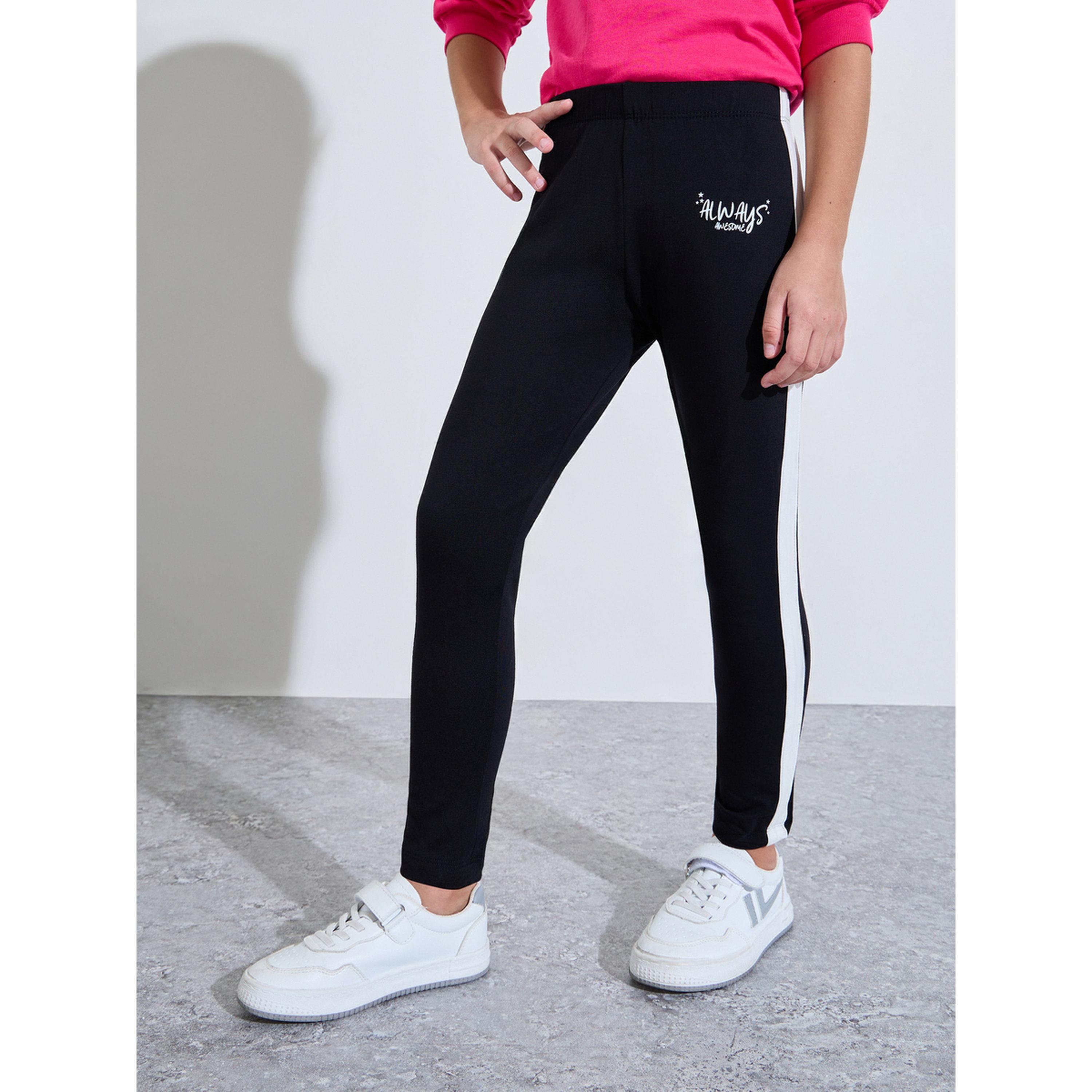 Styli Girls Black Side Printed Leggings with Side Stripe-girls-clothing-bottoms-leggings-image-1