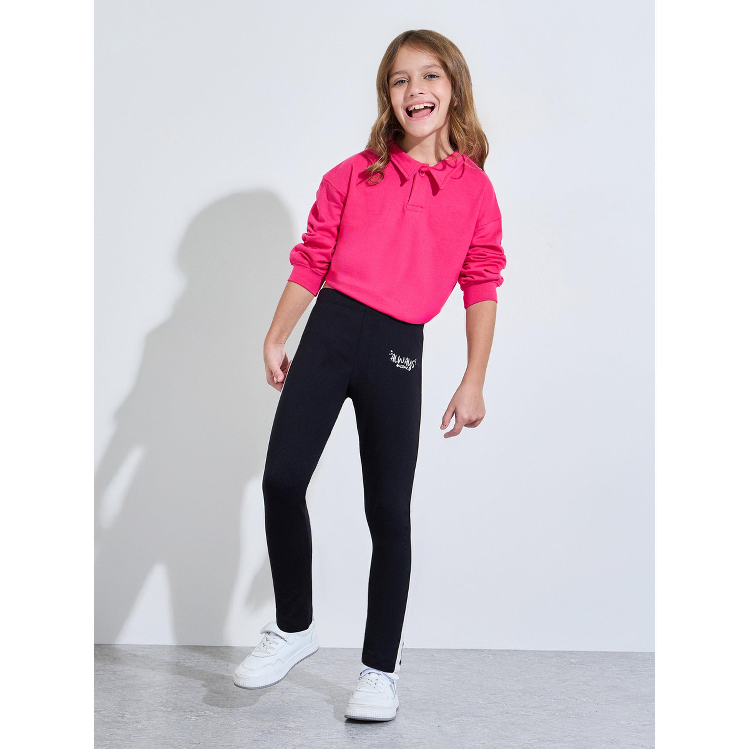 Styli Girls Black Side Printed Leggings with Side Stripe-girls-clothing-bottoms-leggings-image-2