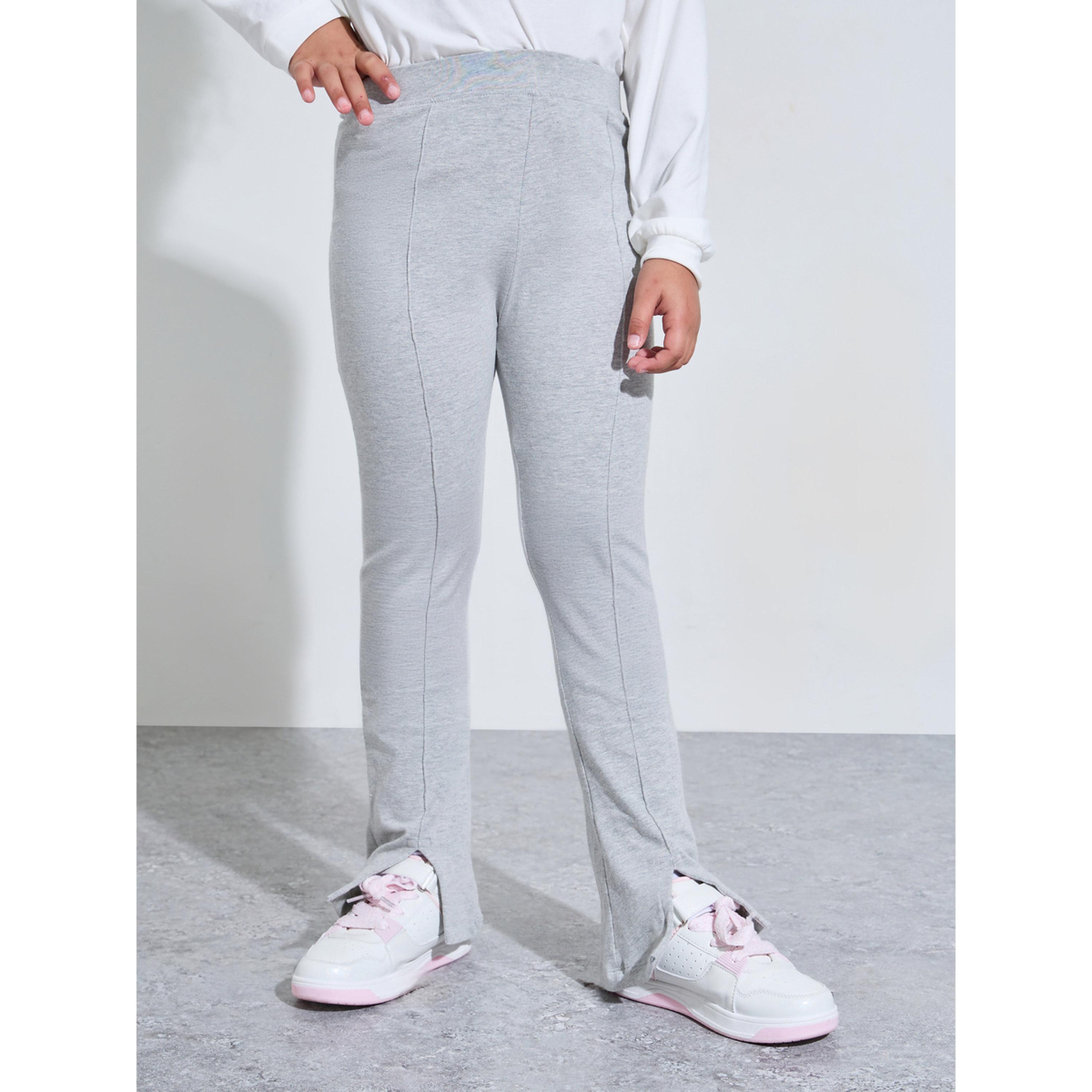 Styli Teen Girls Grey Solid High-Rise Leggings with Front Slit-girls-clothing-bottoms-leggings-image-1