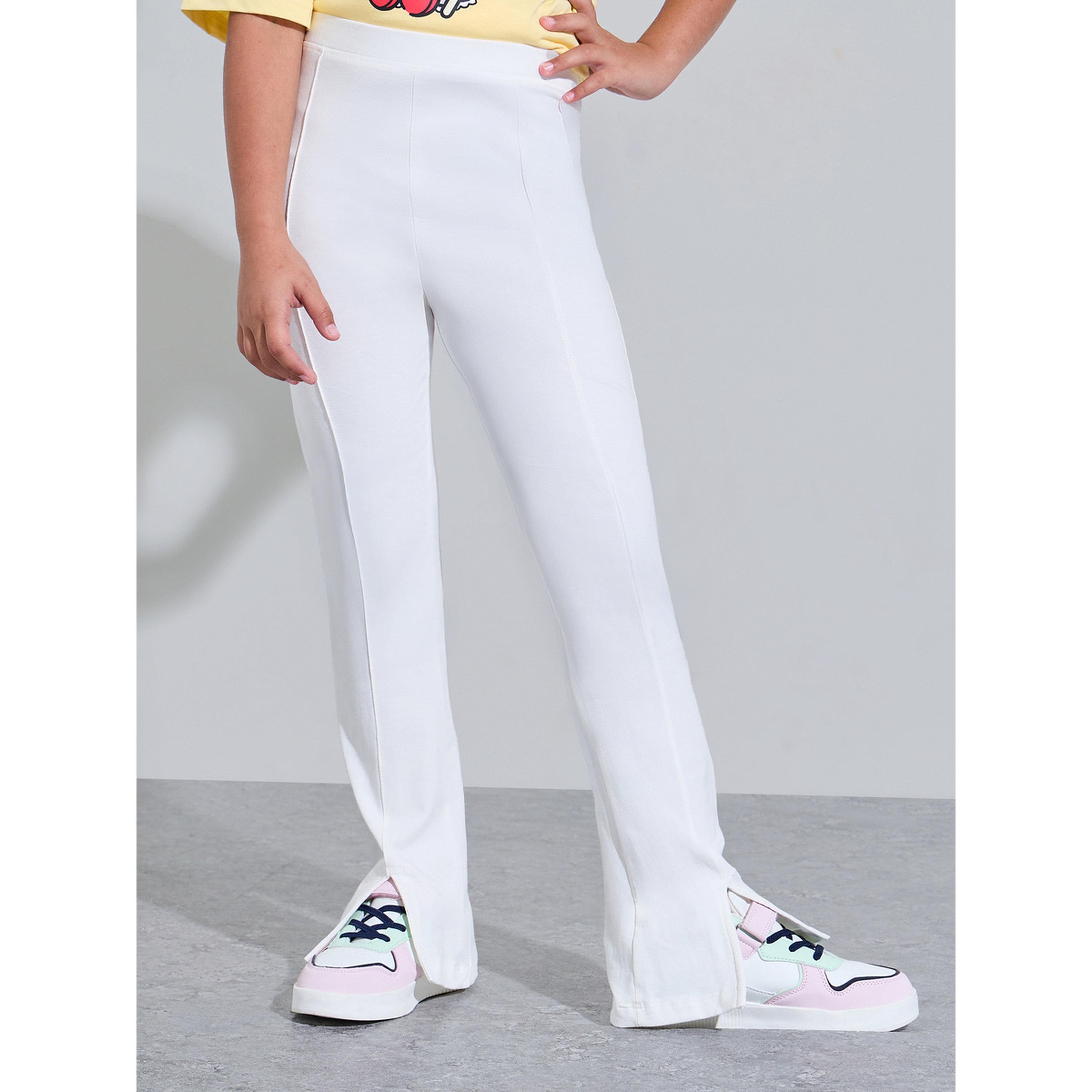 Styli Teen Girls Off White Solid High-Rise Leggings with Front Slit-girls-clothing-bottoms-leggings-image-1