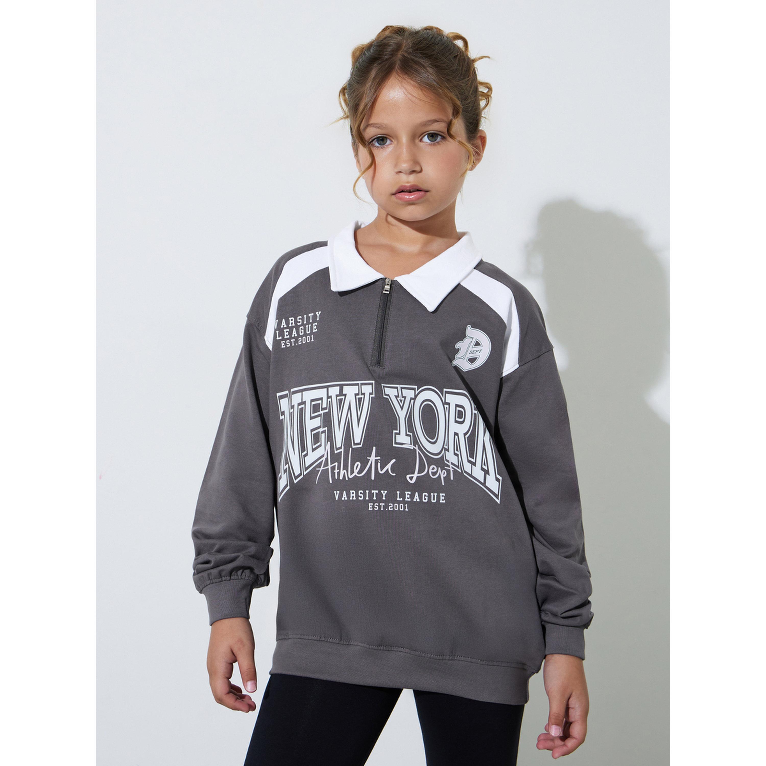 Styli Teen Girls Grey Oversized Graphic Polo Sweatshirt-girls-clothing-sweatshirts-image-1