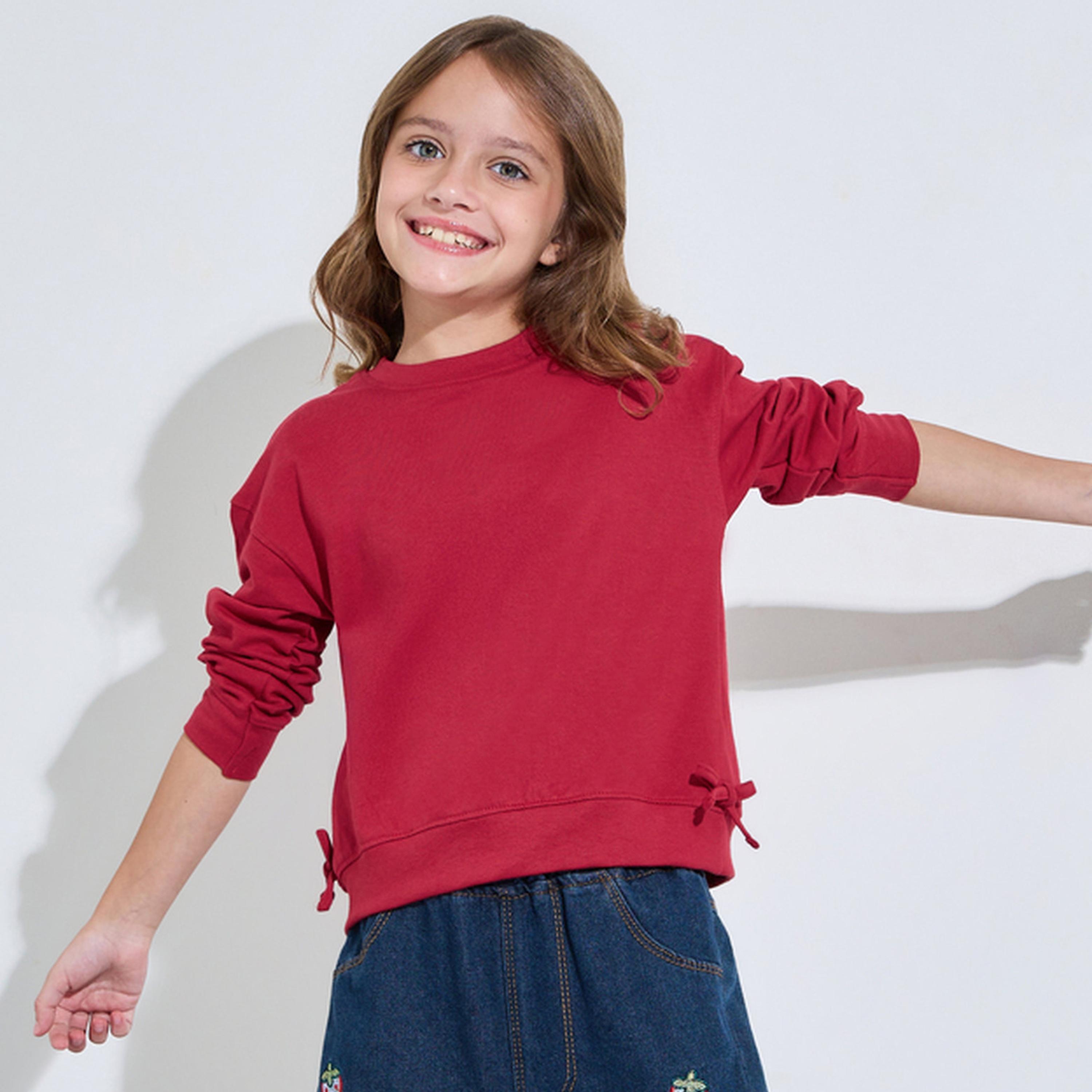 سويت شيرت واسع بلون سادة وتفاصيل فيونكة جانبية للبنات-girls-clothing-sweatshirts-image-1