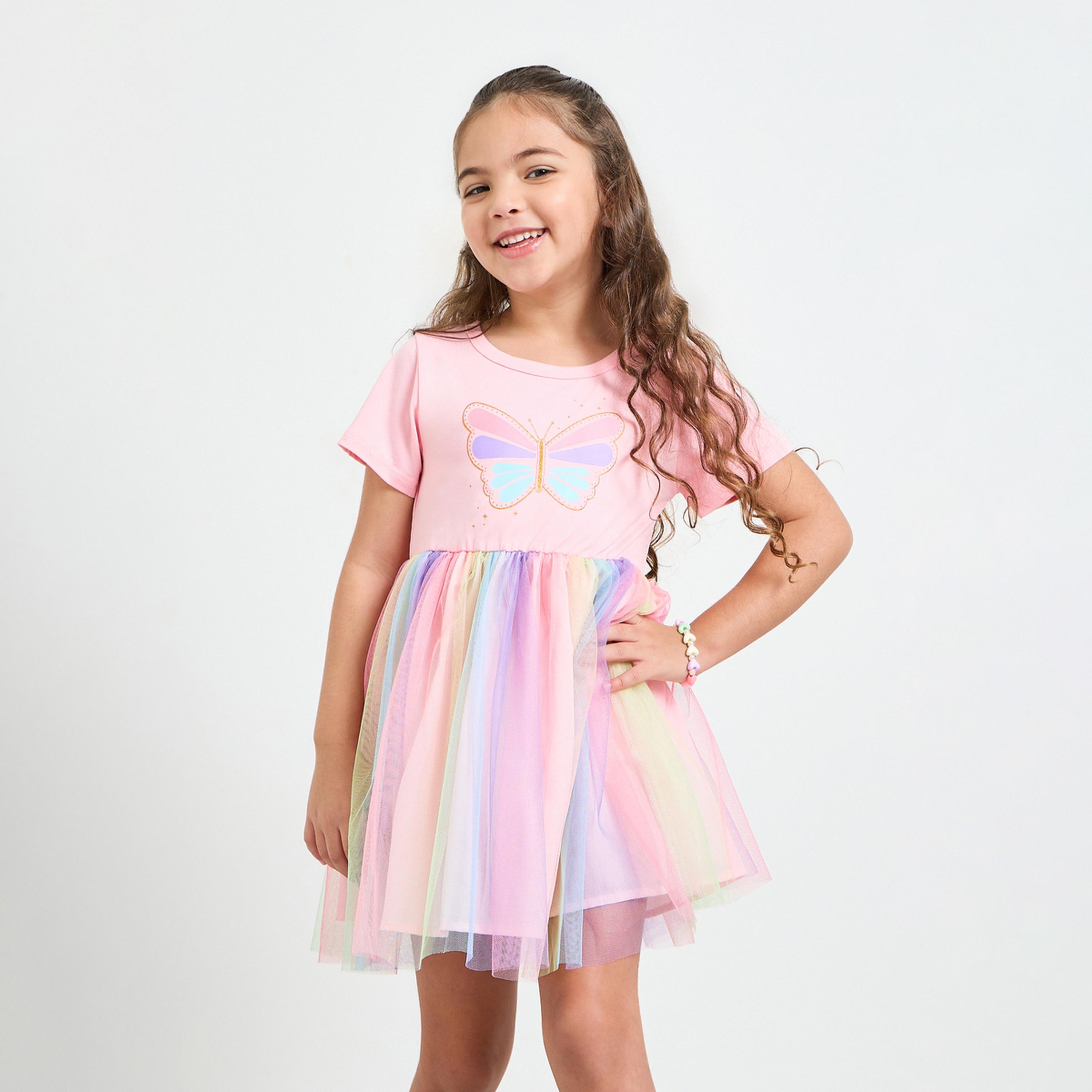 فستان مش بطبقات ونقشة فراشات للبنات-girls-clothing-bottoms-skirts-image-1