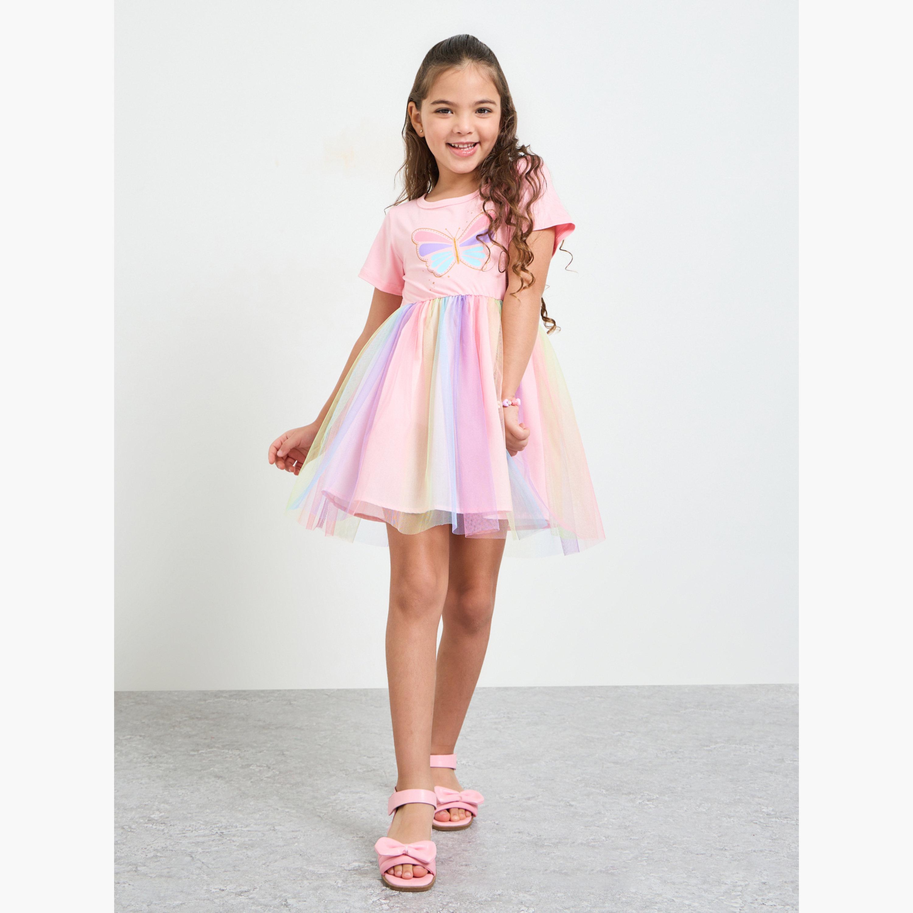 فستان مش بطبقات ونقشة فراشات للبنات-girls-clothing-bottoms-skirts-image-2
