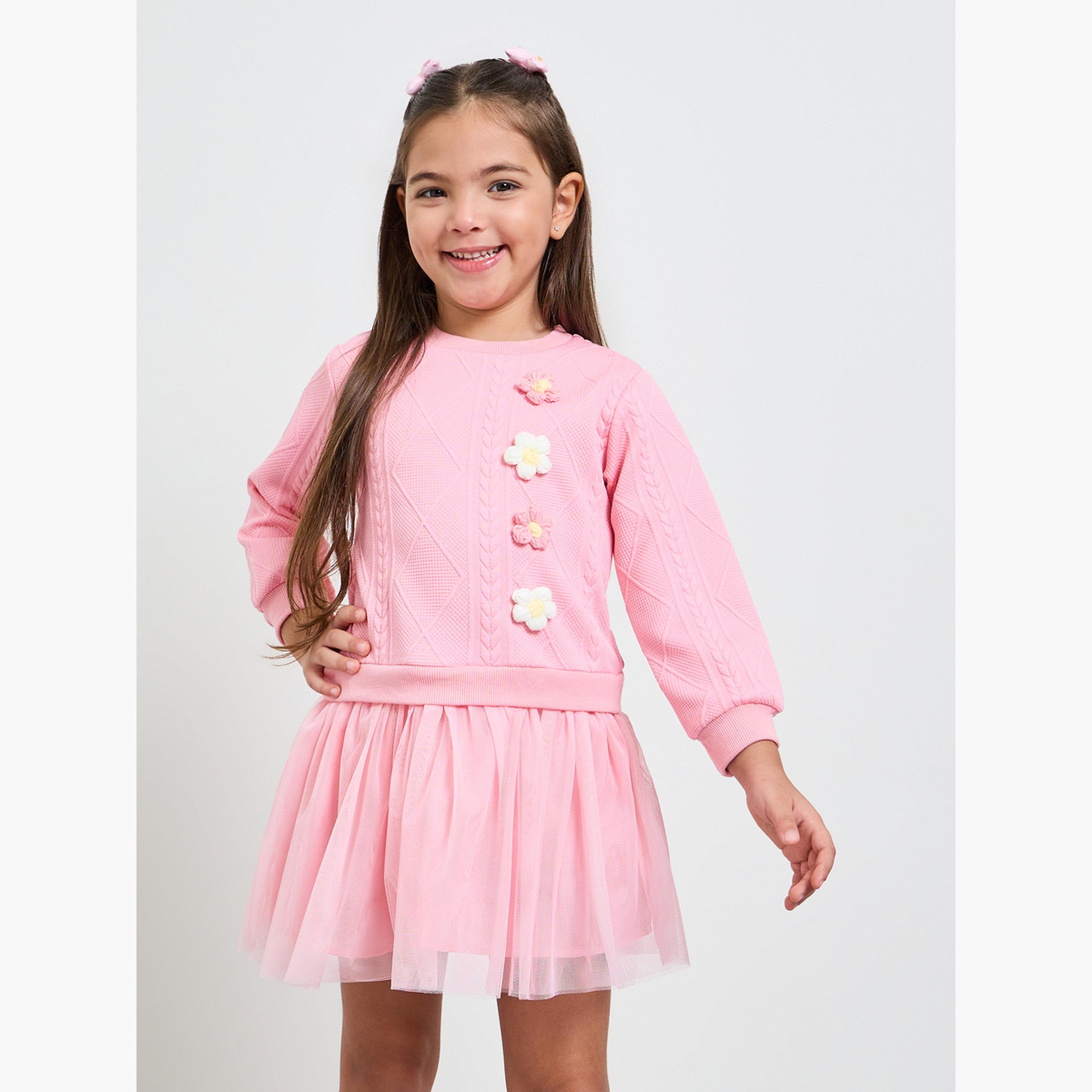 Styli Girls Jacquard Flower Patch Tulle Dress-girls-clothing-dressesandjumpsuits-image-1