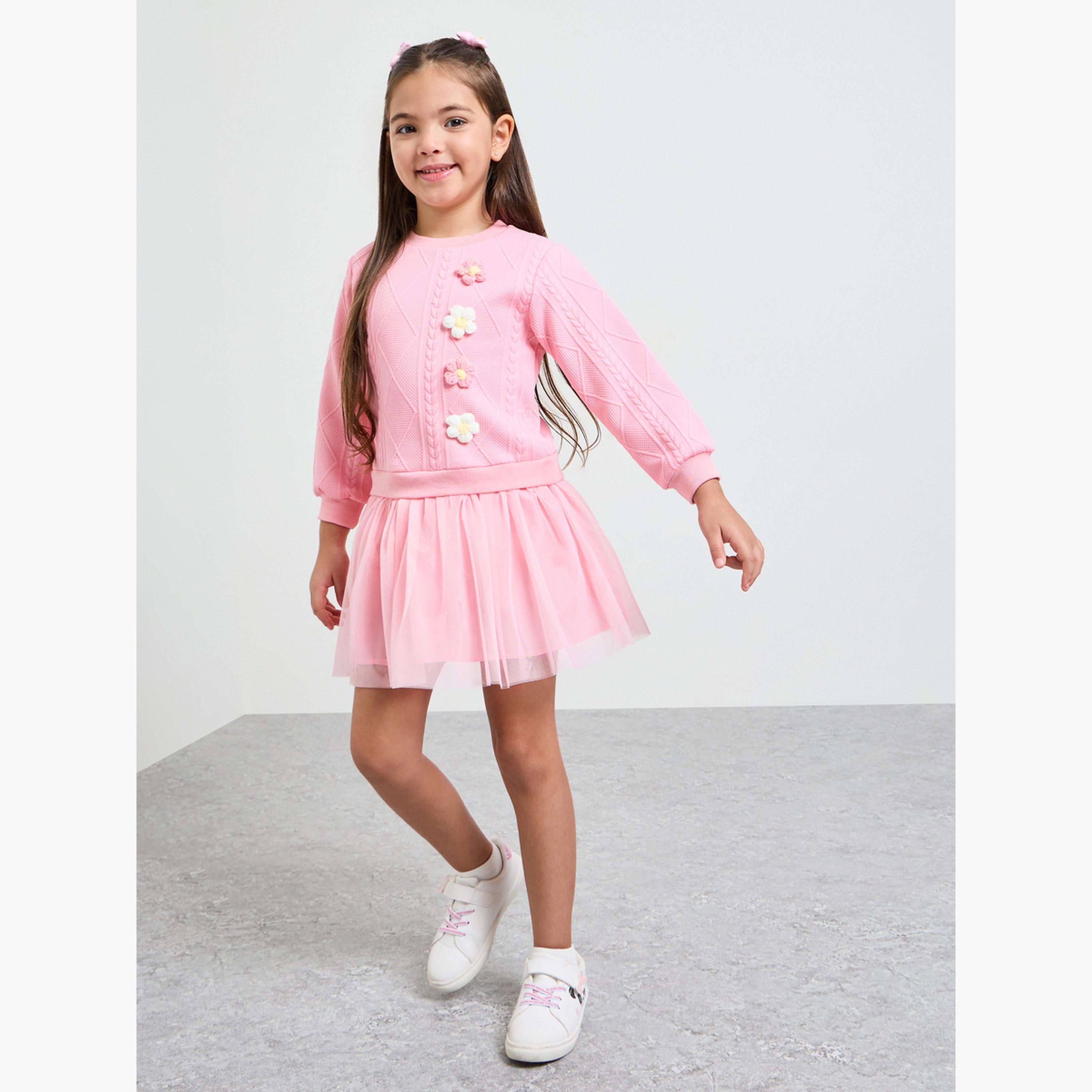 Styli Girls Jacquard Flower Patch Tulle Dress-girls-clothing-dressesandjumpsuits-image-2