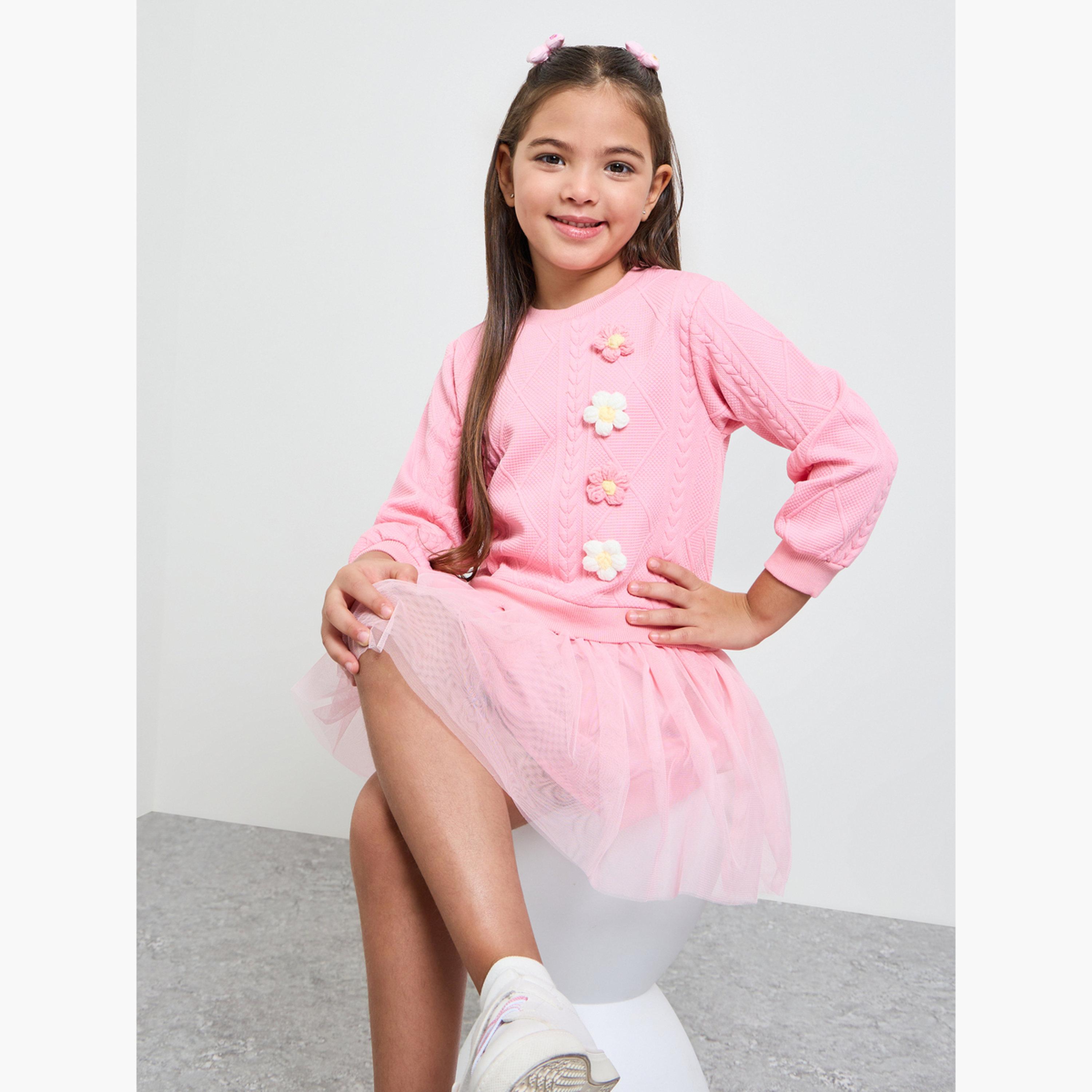 Styli Girls Jacquard Flower Patch Tulle Dress-girls-clothing-dressesandjumpsuits-image-3