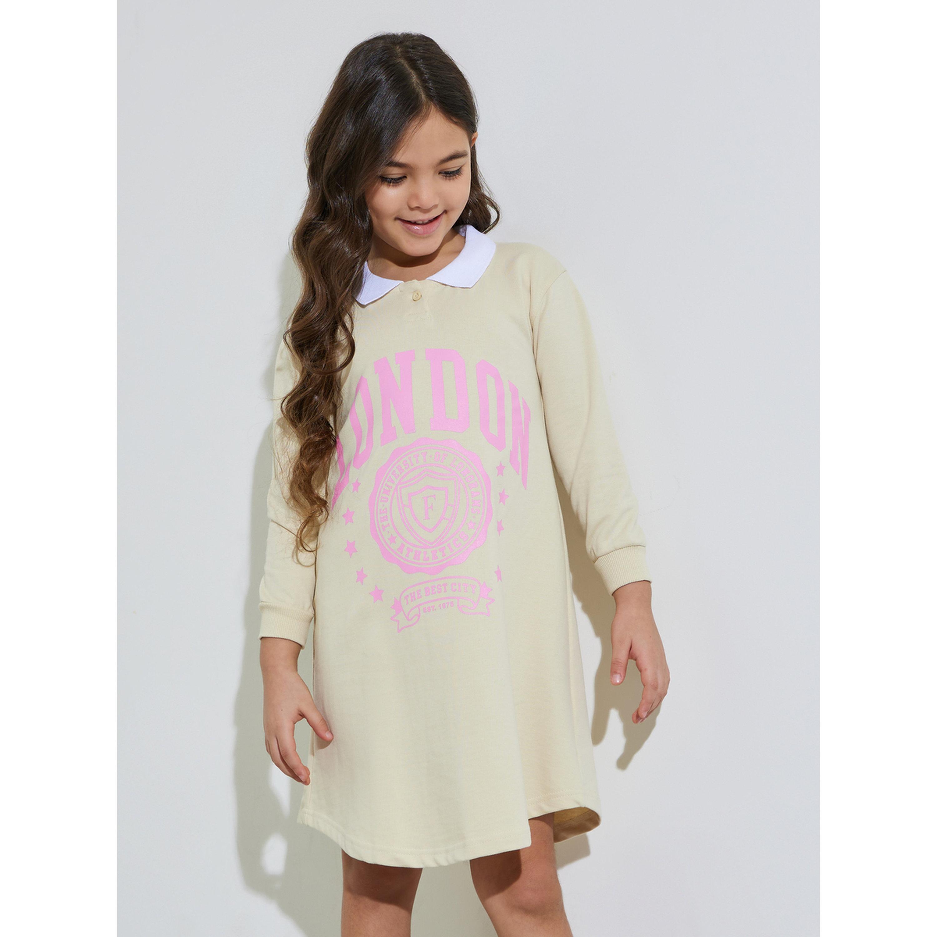 فستان سويت شيرت بطول الركبة بياقة متباينة وطبعة شعار للبنات-girls-clothing-sweatshirts-image-1