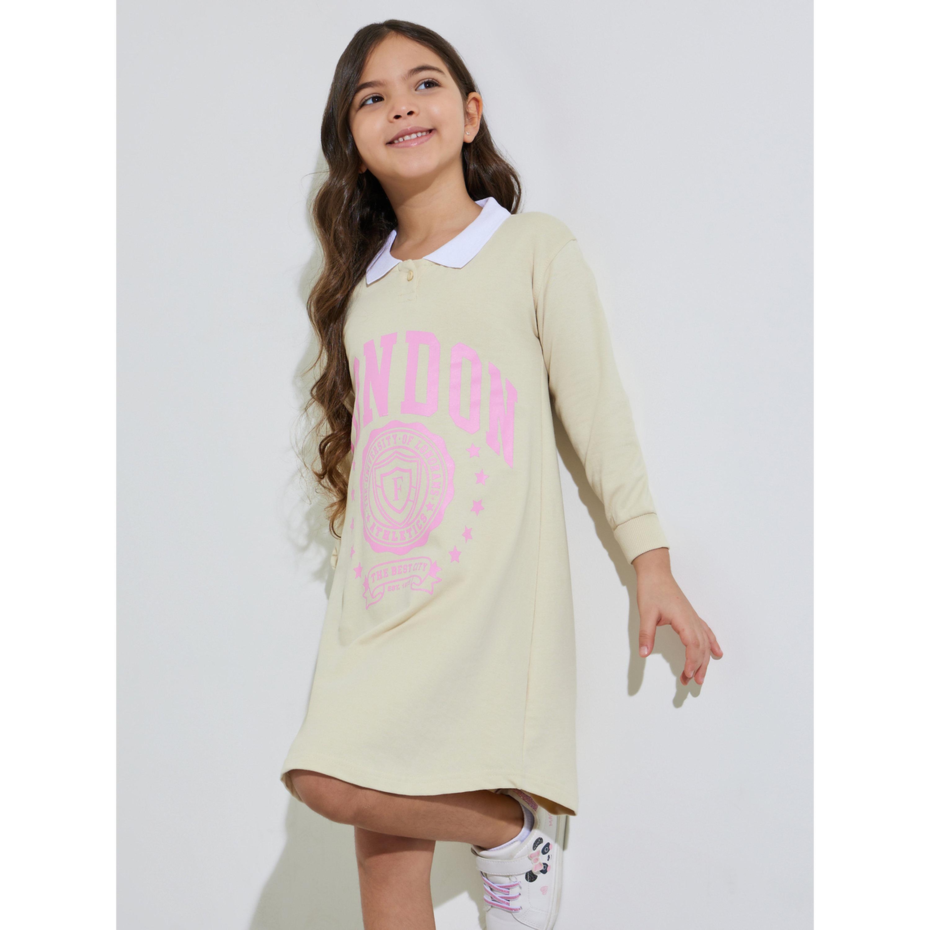 فستان سويت شيرت بطول الركبة بياقة متباينة وطبعة شعار للبنات-girls-clothing-sweatshirts-image-3
