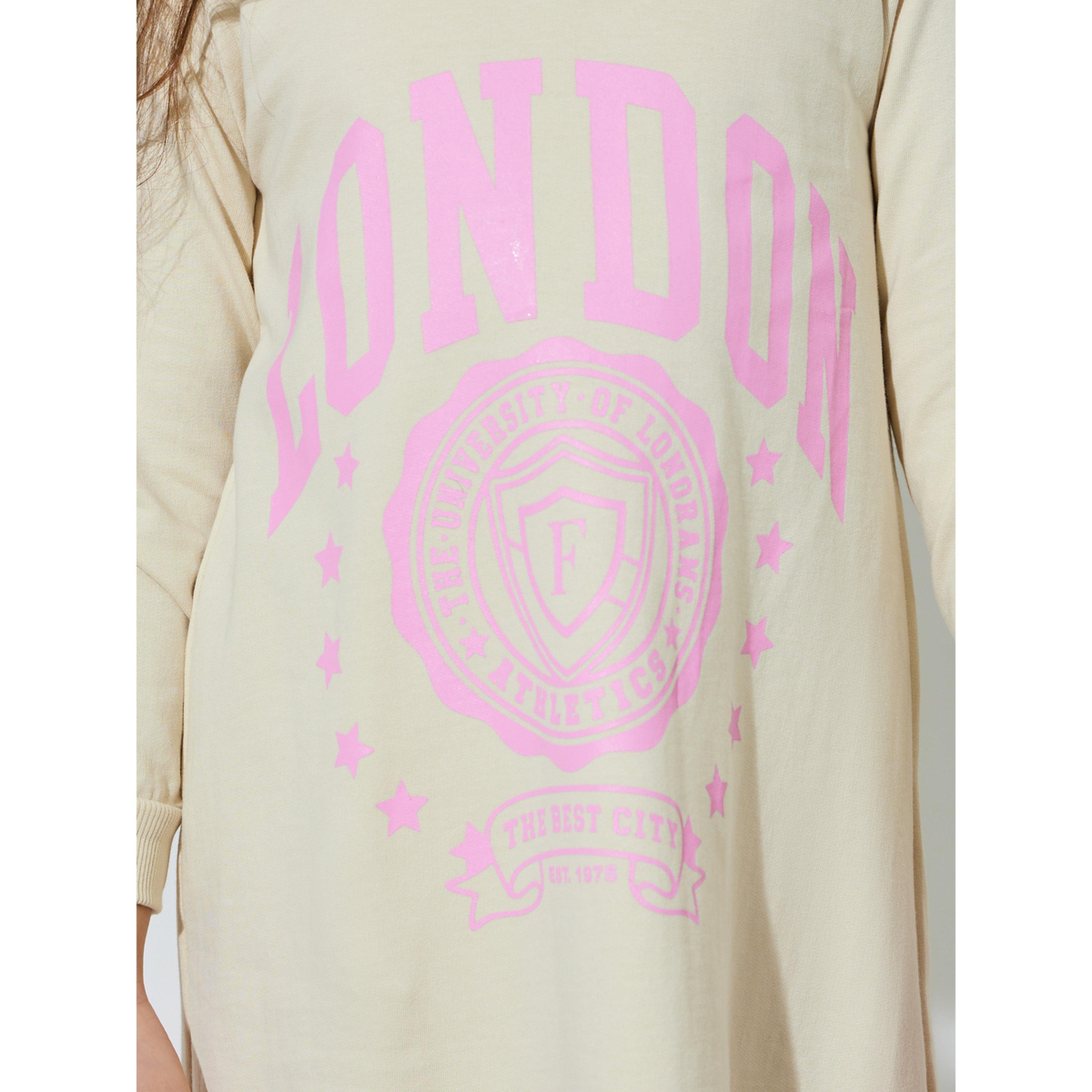 فستان سويت شيرت بطول الركبة بياقة متباينة وطبعة شعار للبنات-girls-clothing-sweatshirts-image-5