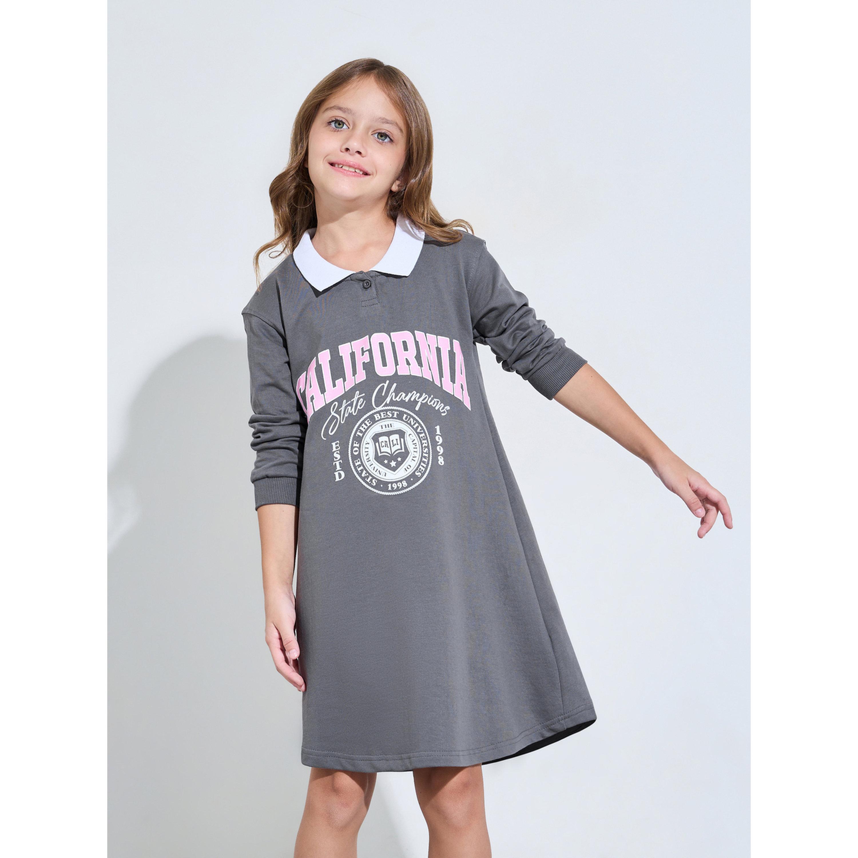 Styli Girls Charcoal Contrast Collar Graphic Print Sweatshirt Dress-girls-clothing-sweatshirts-image-1