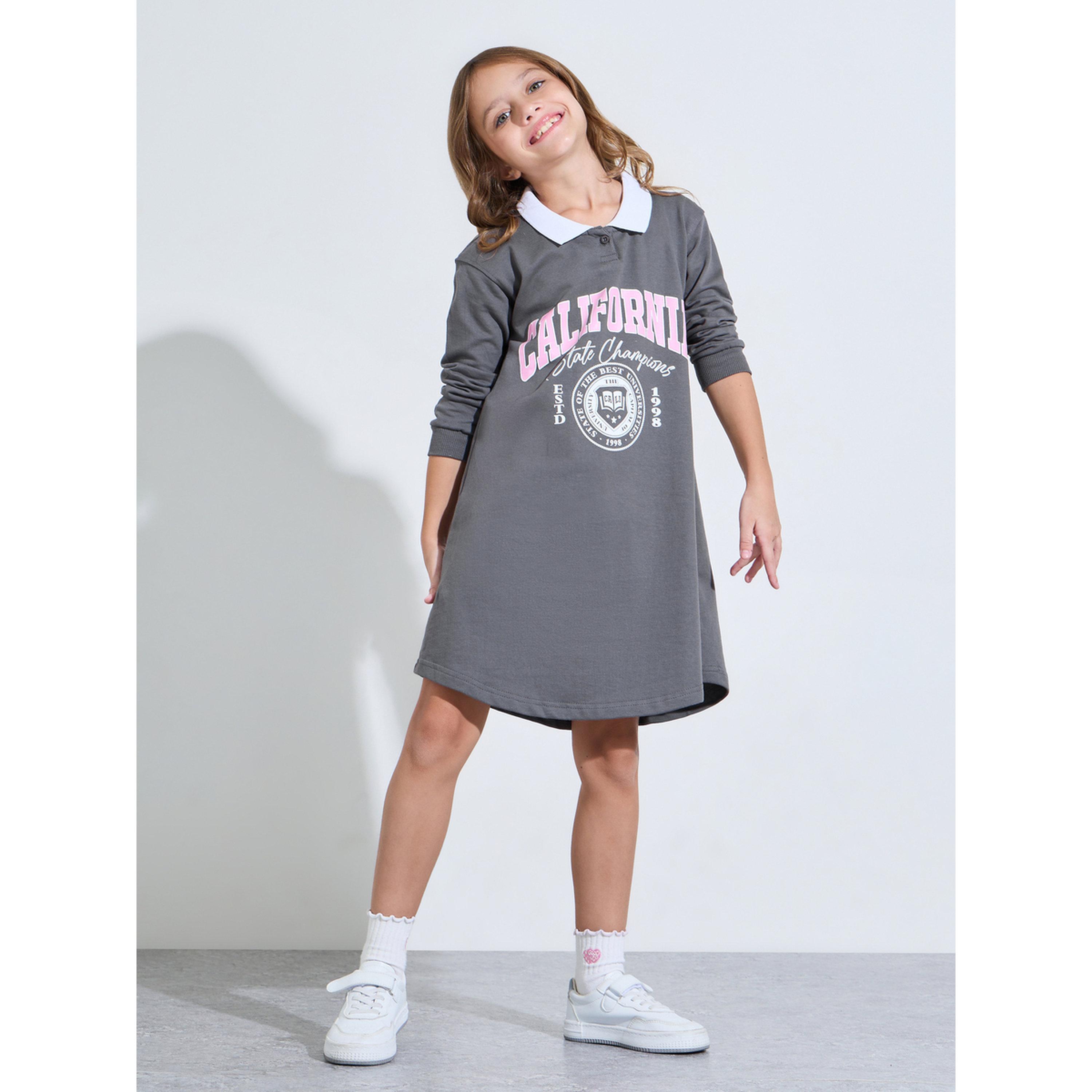 Styli Girls Charcoal Contrast Collar Graphic Print Sweatshirt Dress-girls-clothing-sweatshirts-image-2
