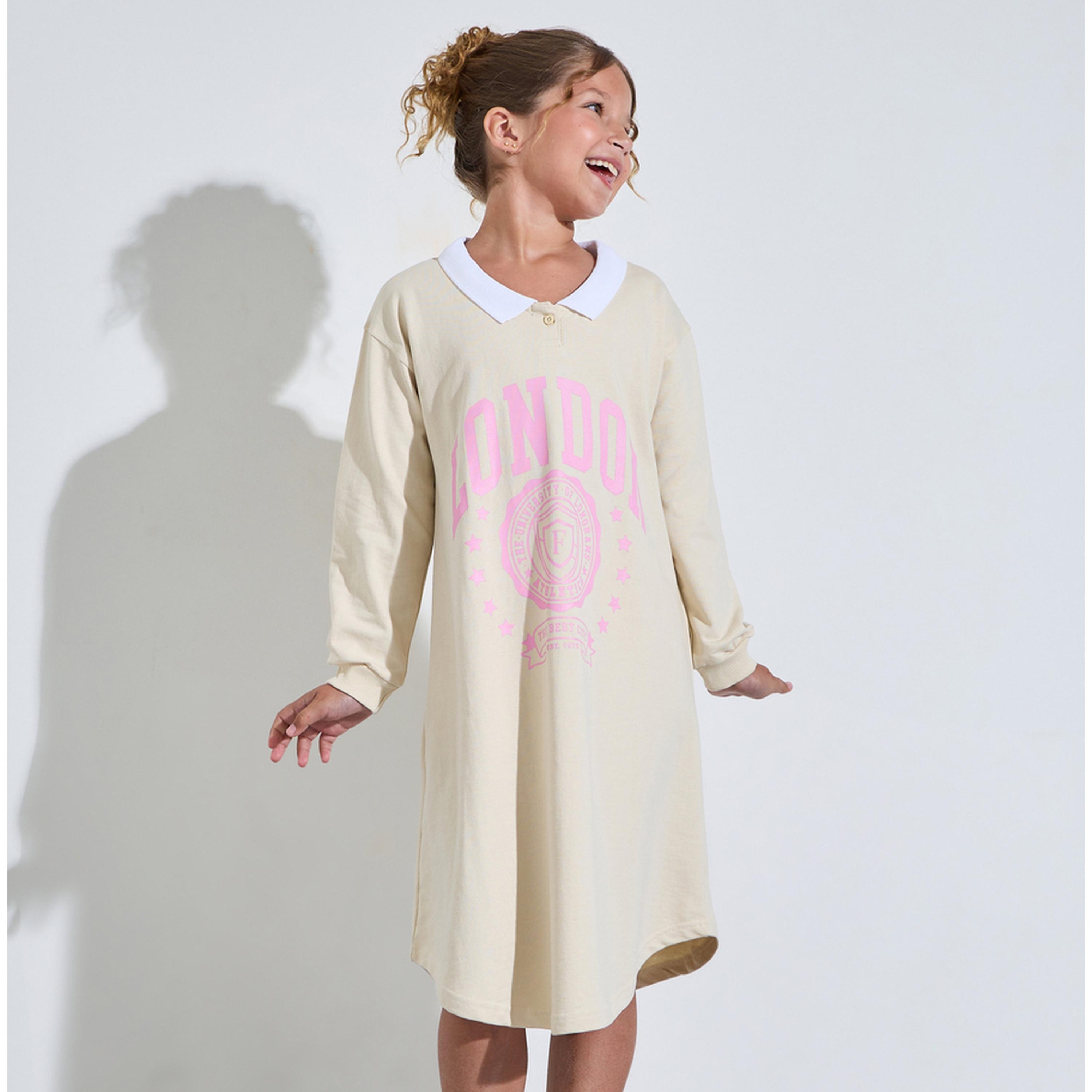 فستان سويت شيرت بياقة تباين وطبعة جرافيك للبنات باللون الكريمه-girls-clothing-sweatshirts-image-1