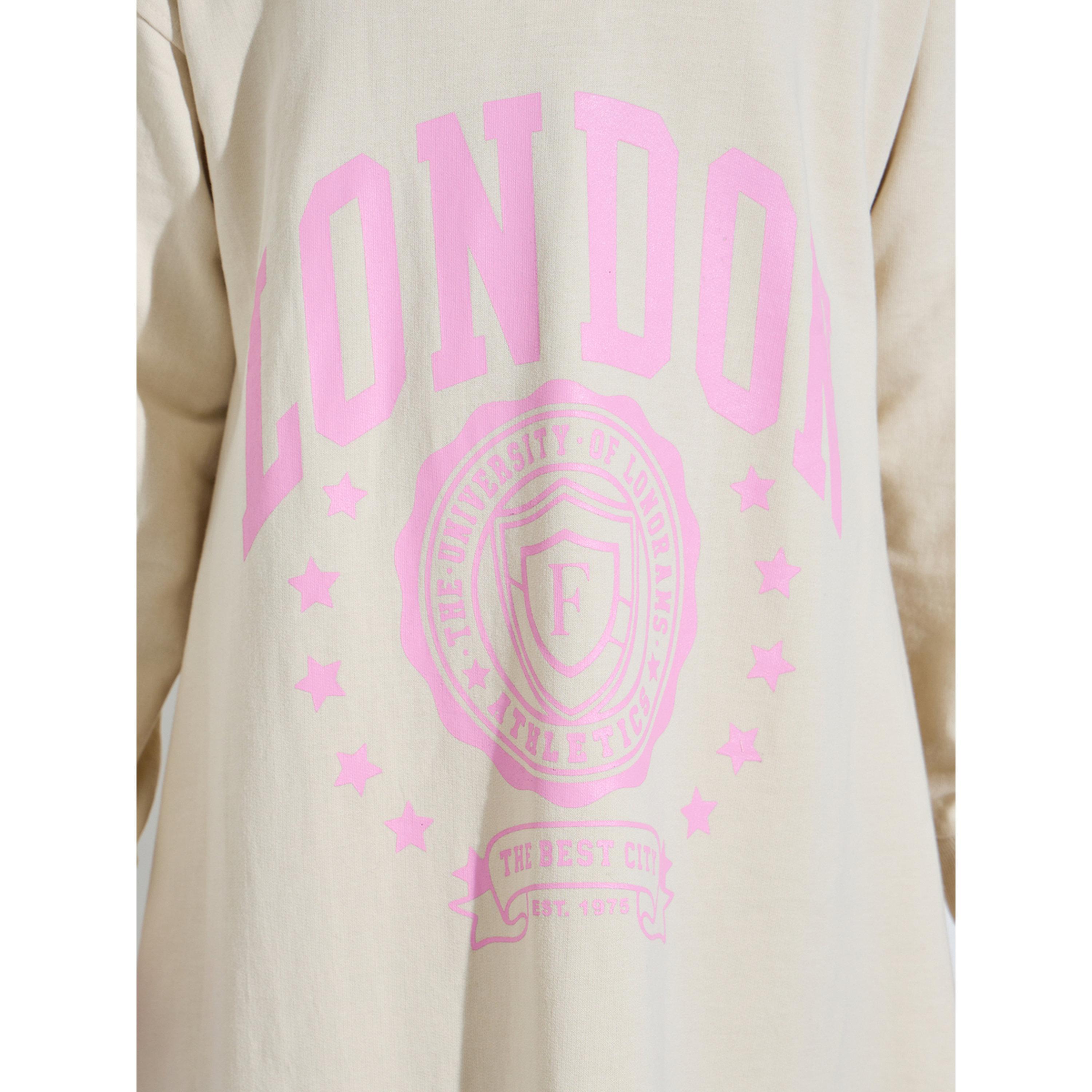 فستان سويت شيرت بياقة تباين وطبعة جرافيك للبنات باللون الكريمه-girls-clothing-sweatshirts-image-5