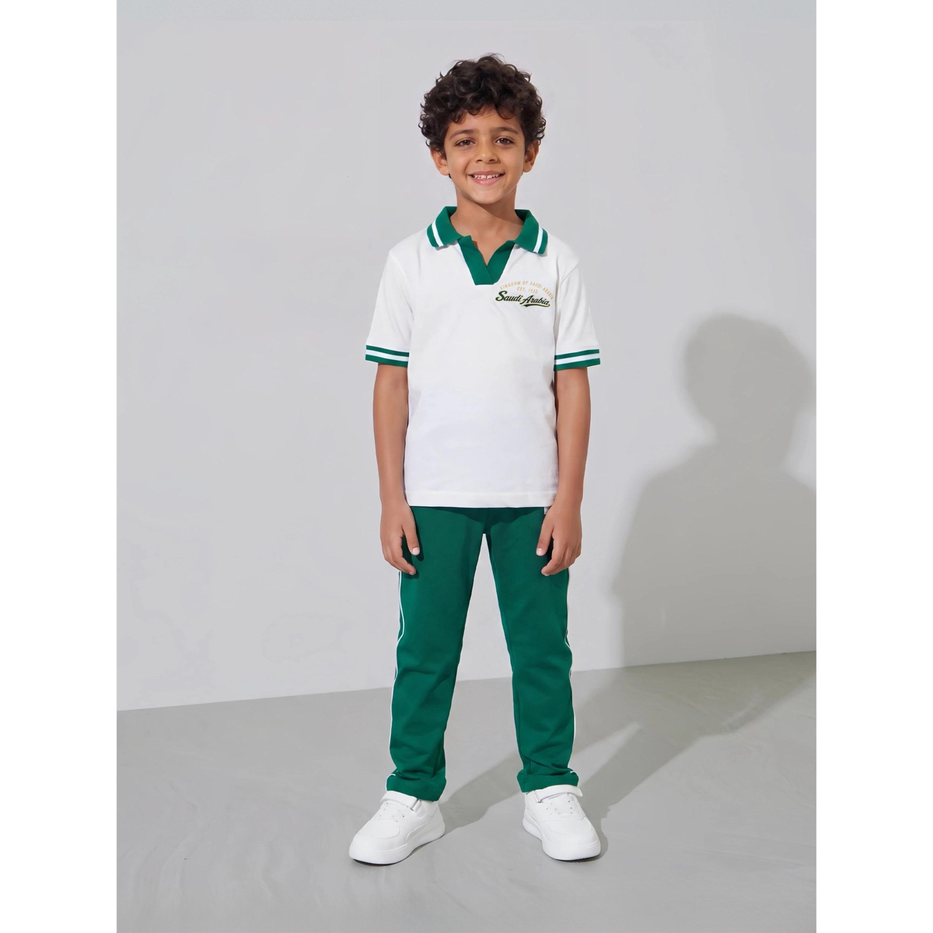 Styli Boys White KSA National Day Print Polo T-Shirt and Dark Green Joggers Set-boys-clothing-setsandcoords-image-1