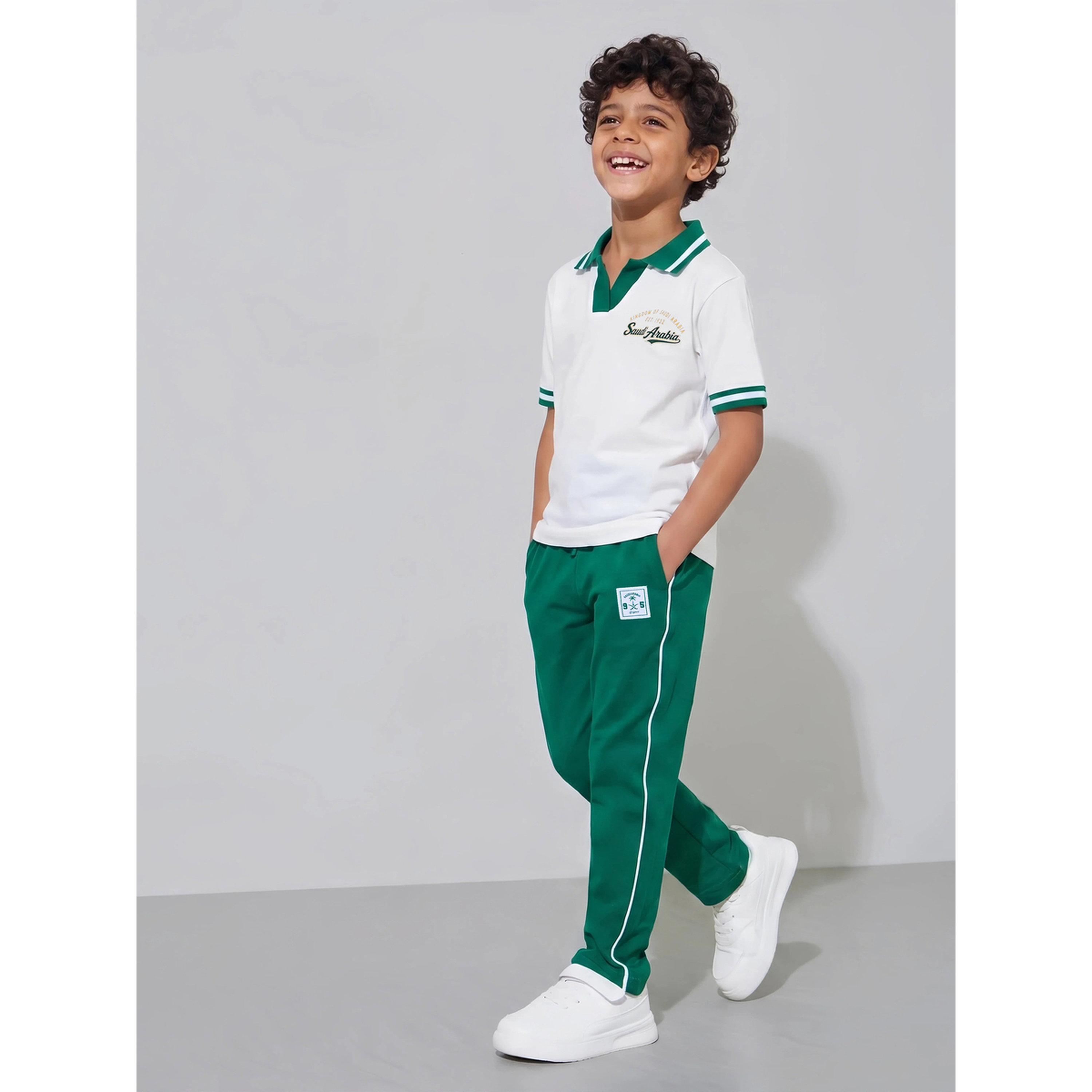 Styli Boys White KSA National Day Print Polo T-Shirt and Dark Green Joggers Set-boys-clothing-setsandcoords-image-3