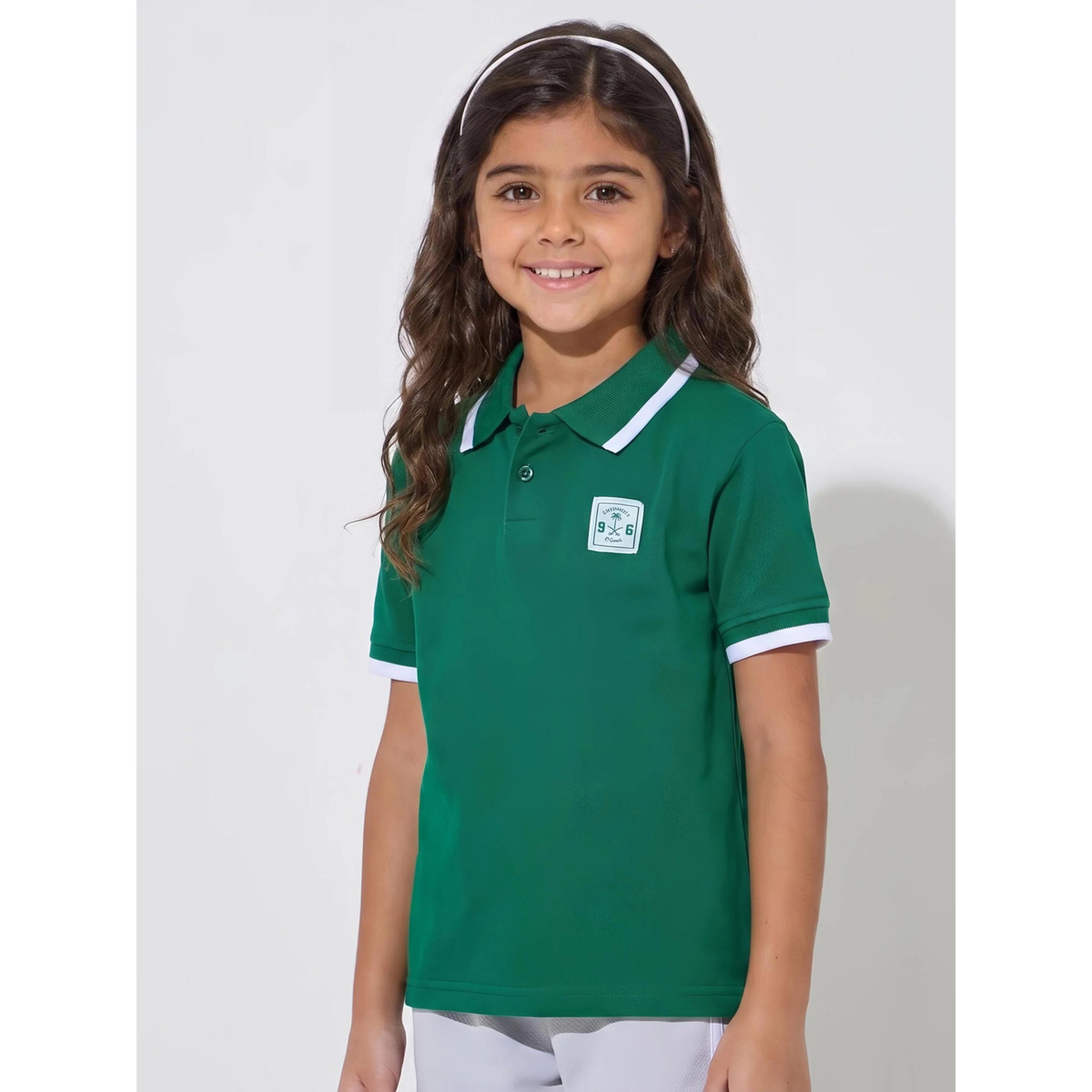 Styli Girls Dark Green KSA National Day Patchwork Contrast Trims Polo T-Shirt-girls-clothing-tshirts-image-1