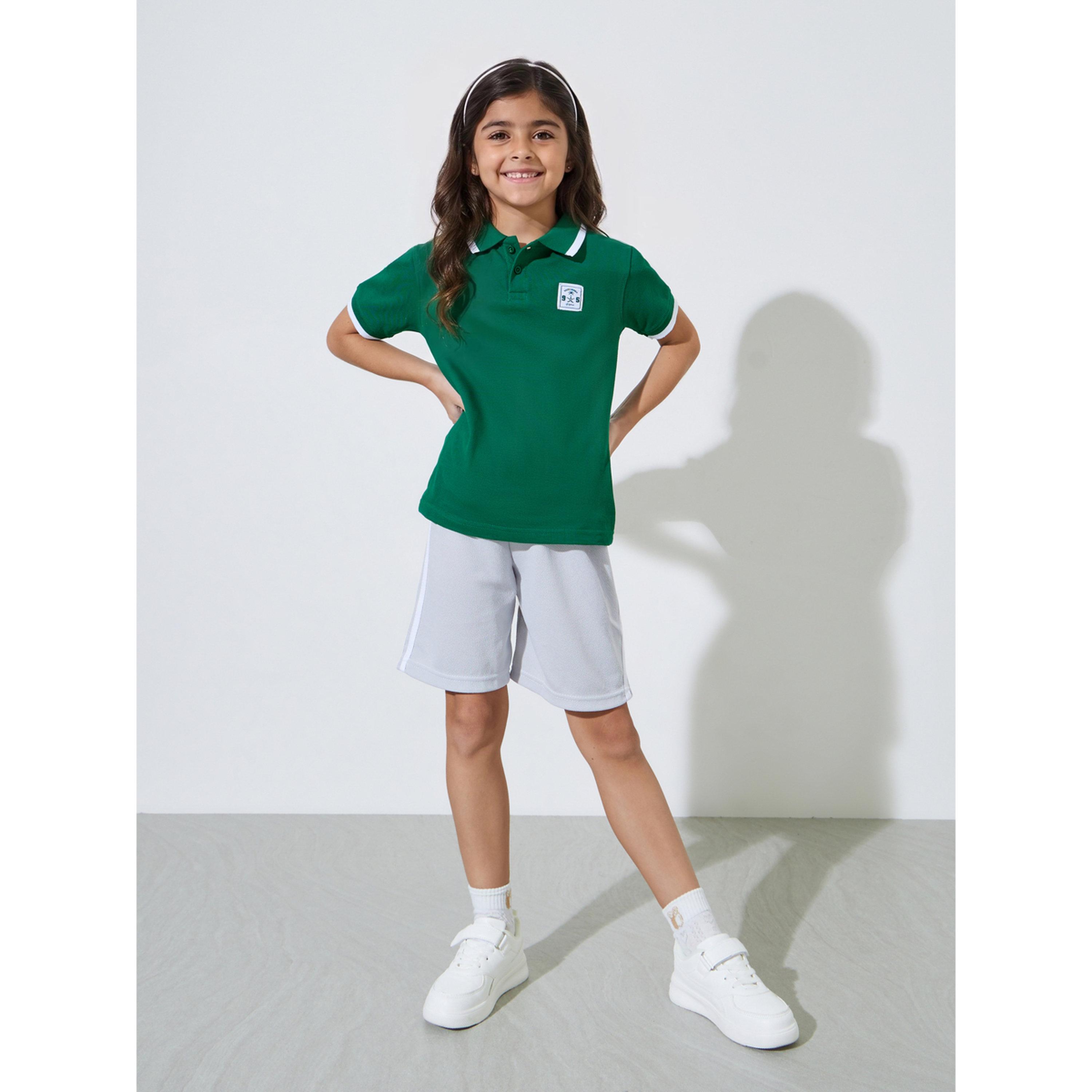 Styli Girls Dark Green KSA National Day Patchwork Contrast Trims Polo T-Shirt-girls-clothing-tshirts-image-2