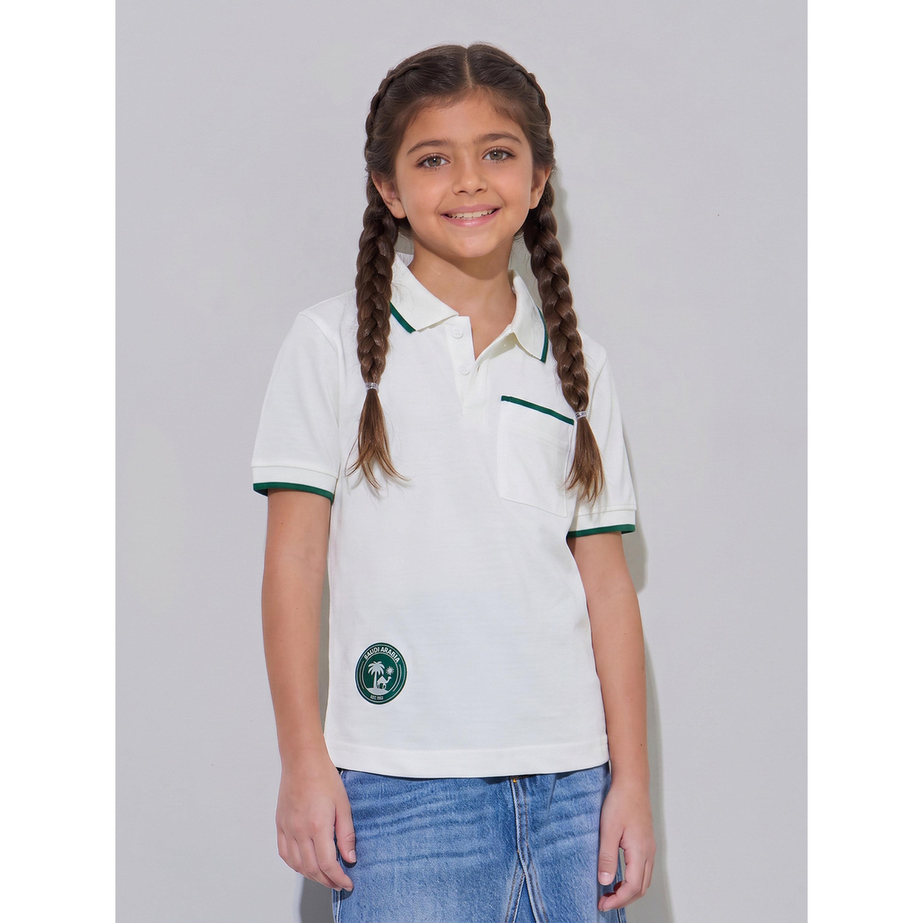 Styli Girls Off White KSA National Day Patchwork Contrast Trims Polo T-Shirt-girls-clothing-tshirts-image-1