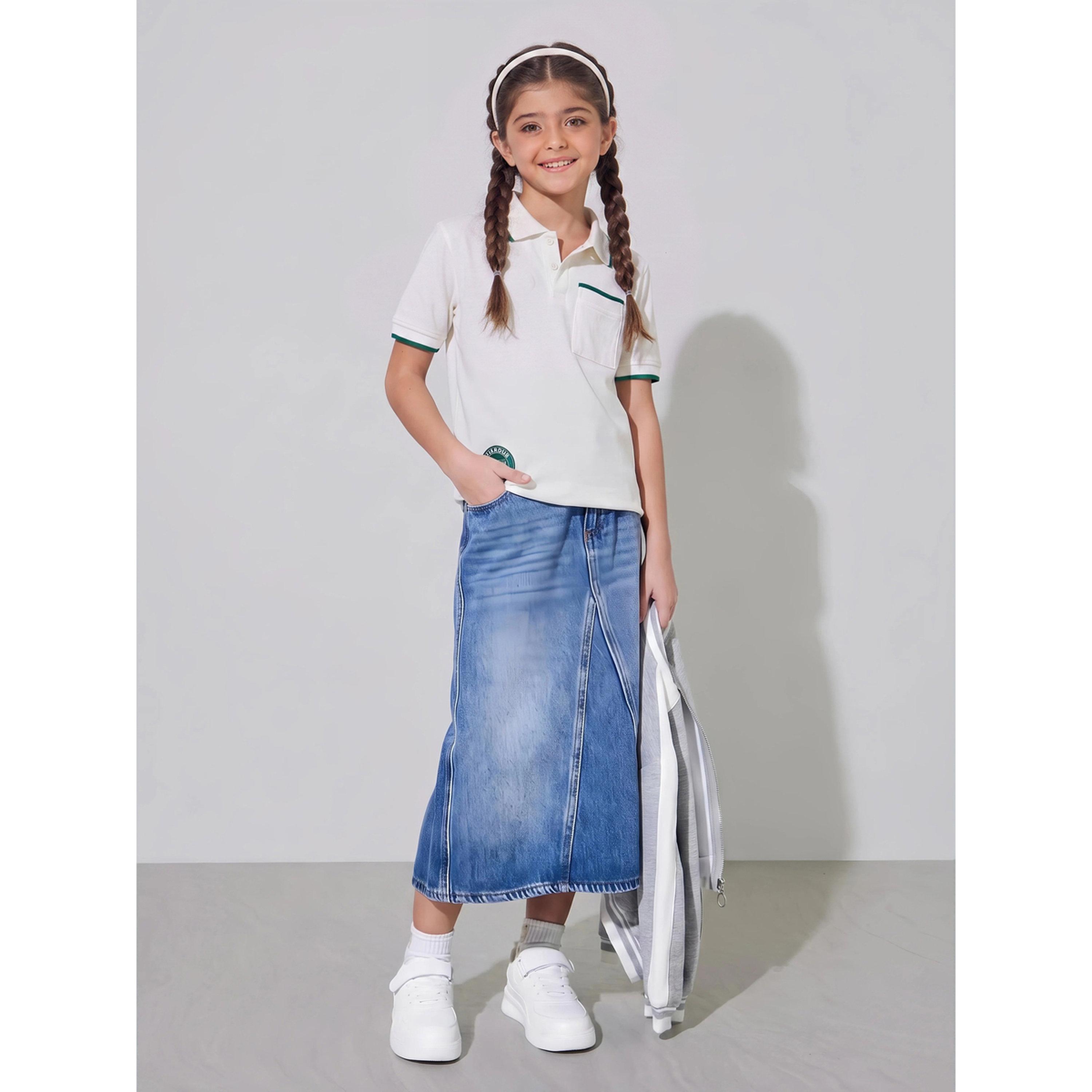 Styli Girls Off White KSA National Day Patchwork Contrast Trims Polo T-Shirt-girls-clothing-tshirts-image-2