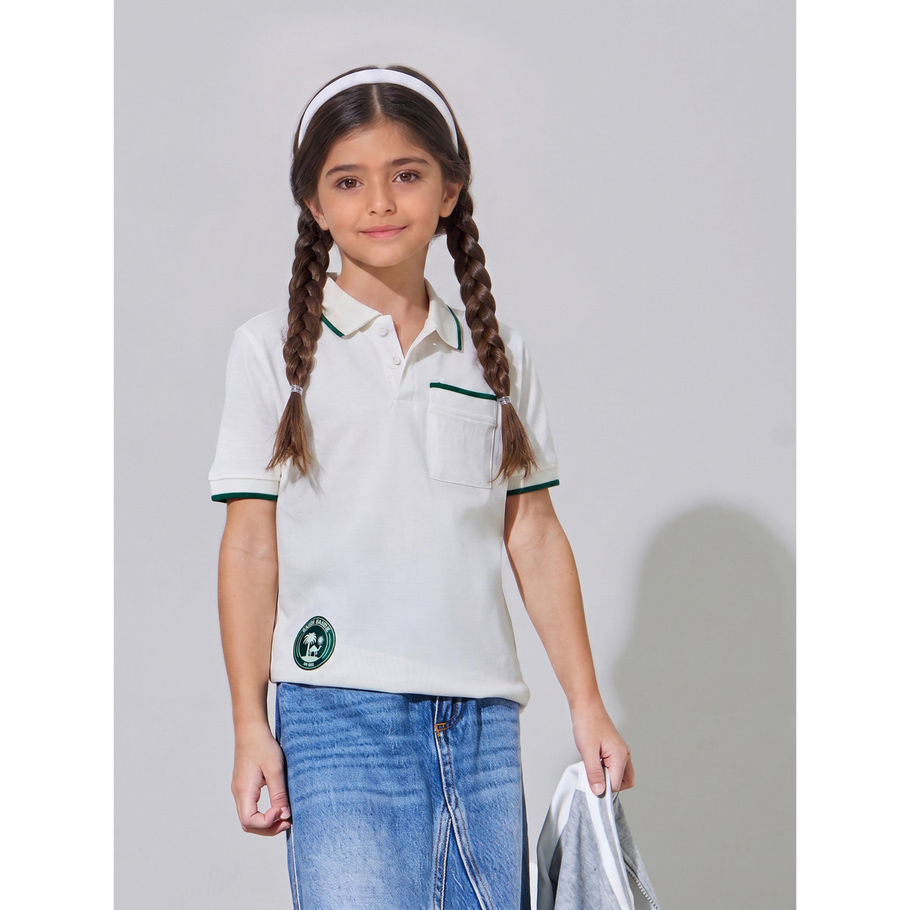 Styli Girls Off White KSA National Day Patchwork Contrast Trims Polo T-Shirt-girls-clothing-tshirts-image-4