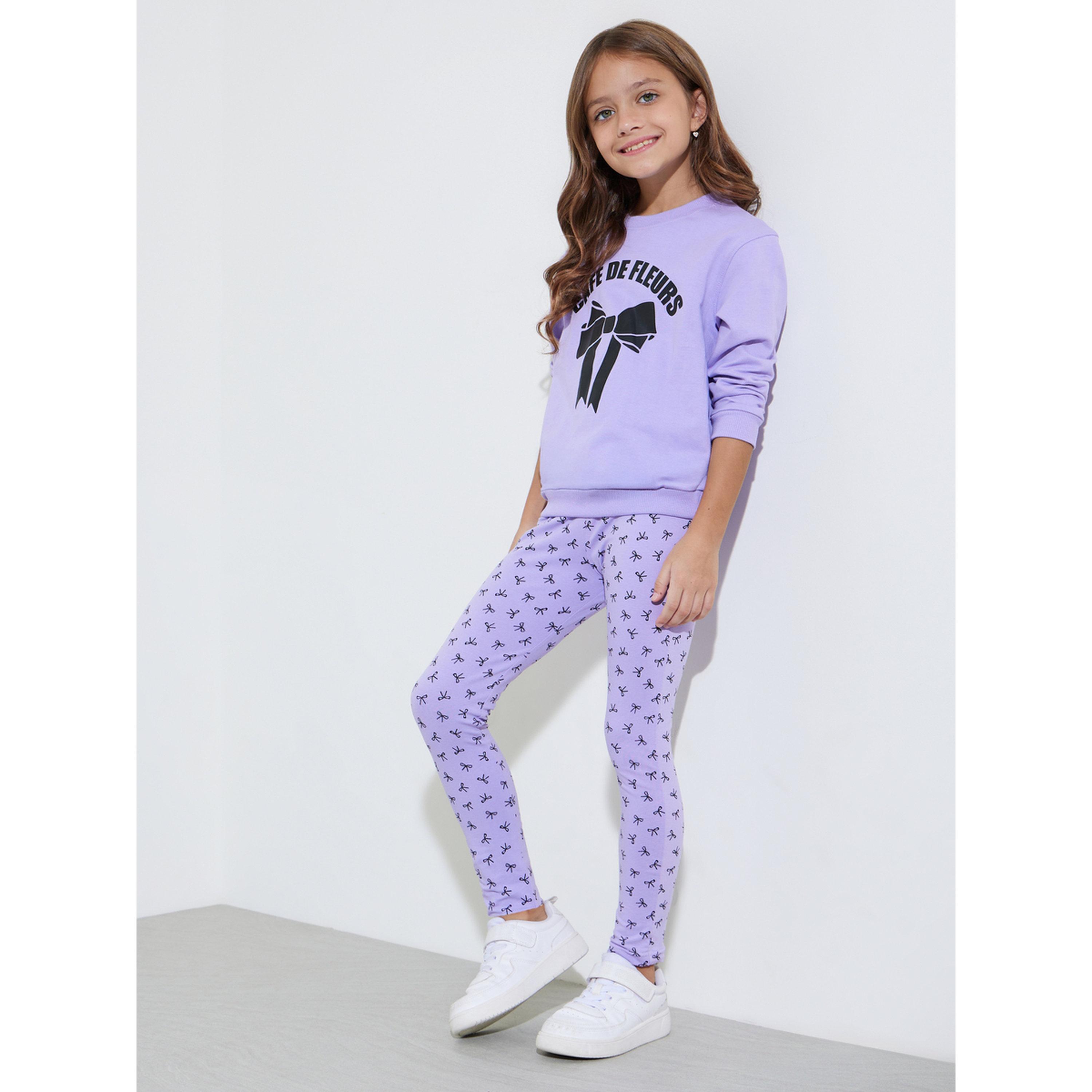 مجموعة من ليقنز وسويت شيرت بطبعة فيونكة للبنات باللون اللافندر-girls-clothing-setsandcoords-image-1