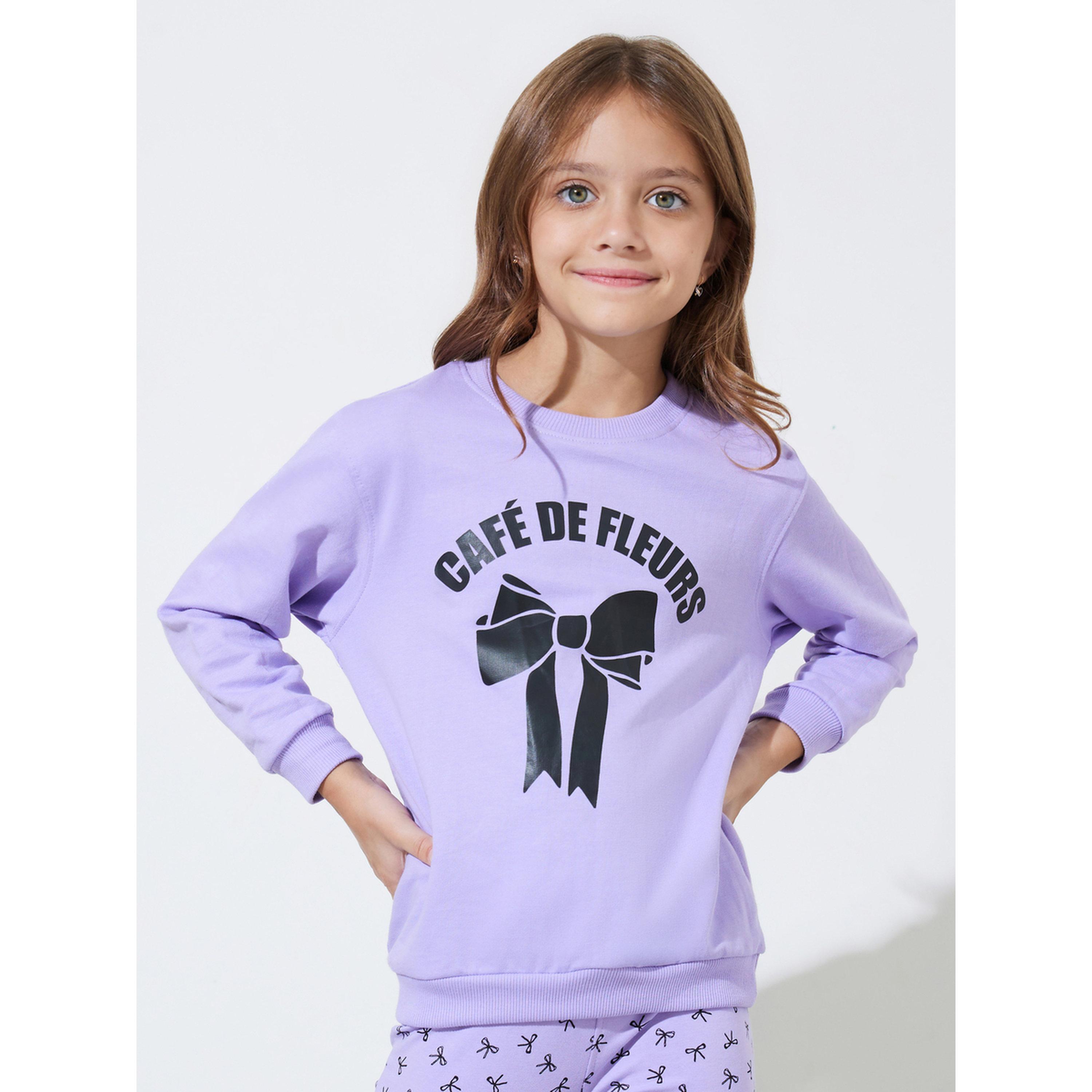 مجموعة من ليقنز وسويت شيرت بطبعة فيونكة للبنات باللون اللافندر-girls-clothing-setsandcoords-image-2