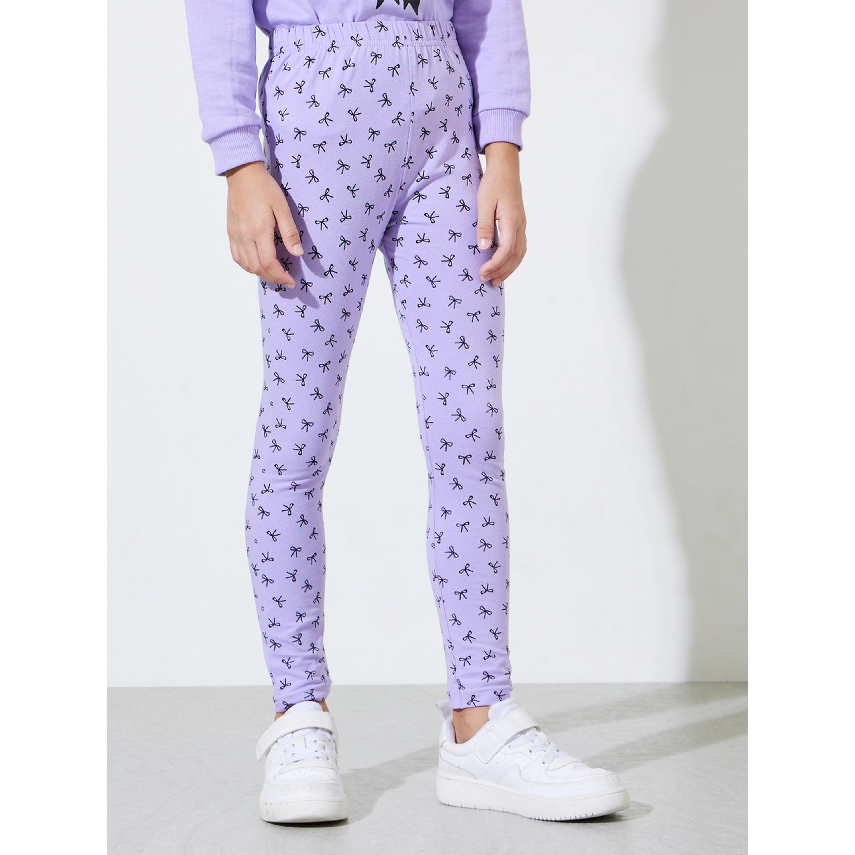 مجموعة من ليقنز وسويت شيرت بطبعة فيونكة للبنات باللون اللافندر-girls-clothing-setsandcoords-image-4
