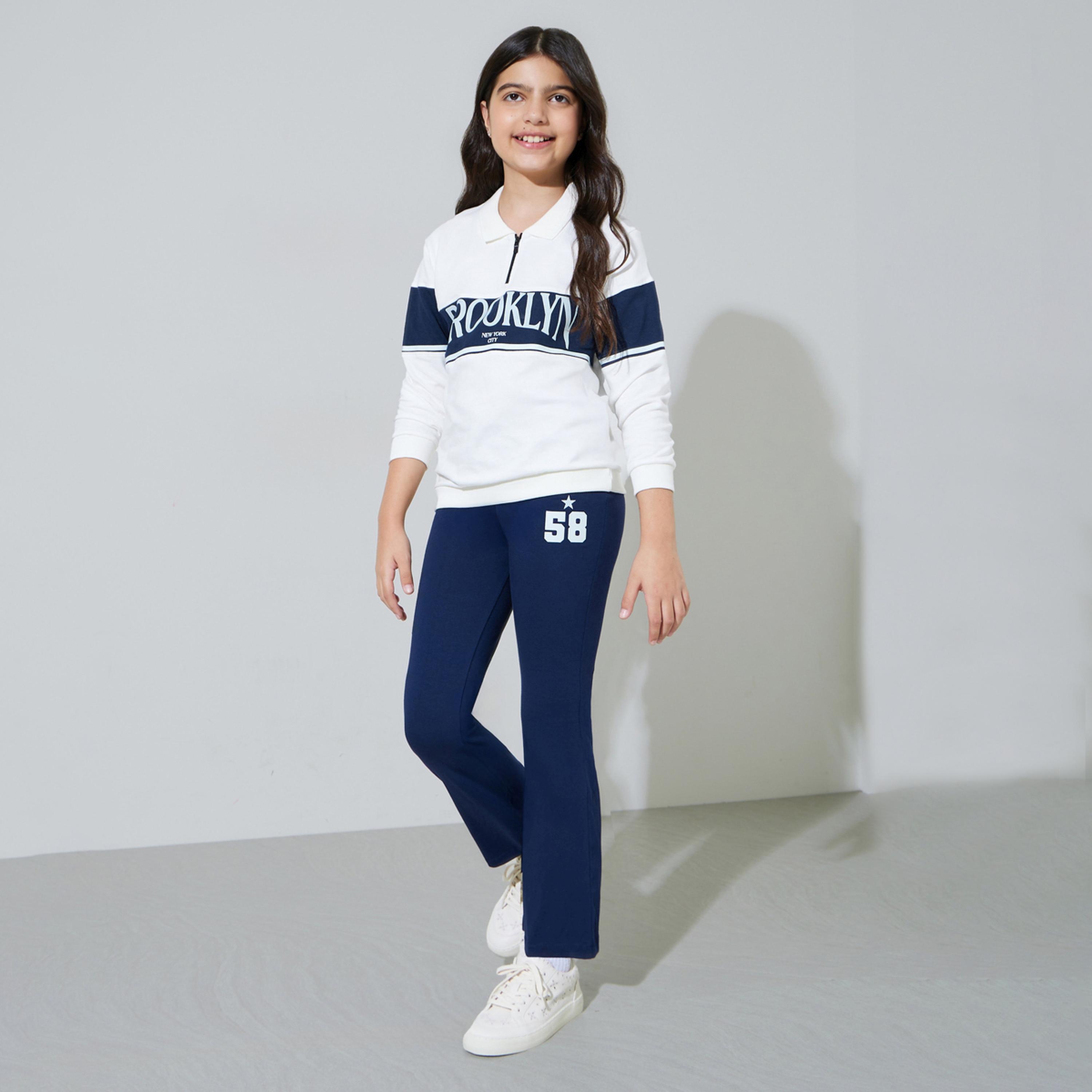 مجموعة من ليقنز كحلي وسويت شيرت بياقة وطبعة جرافيك للبنات باللون أوف وايت-girls-clothing-setsandcoords-image-1