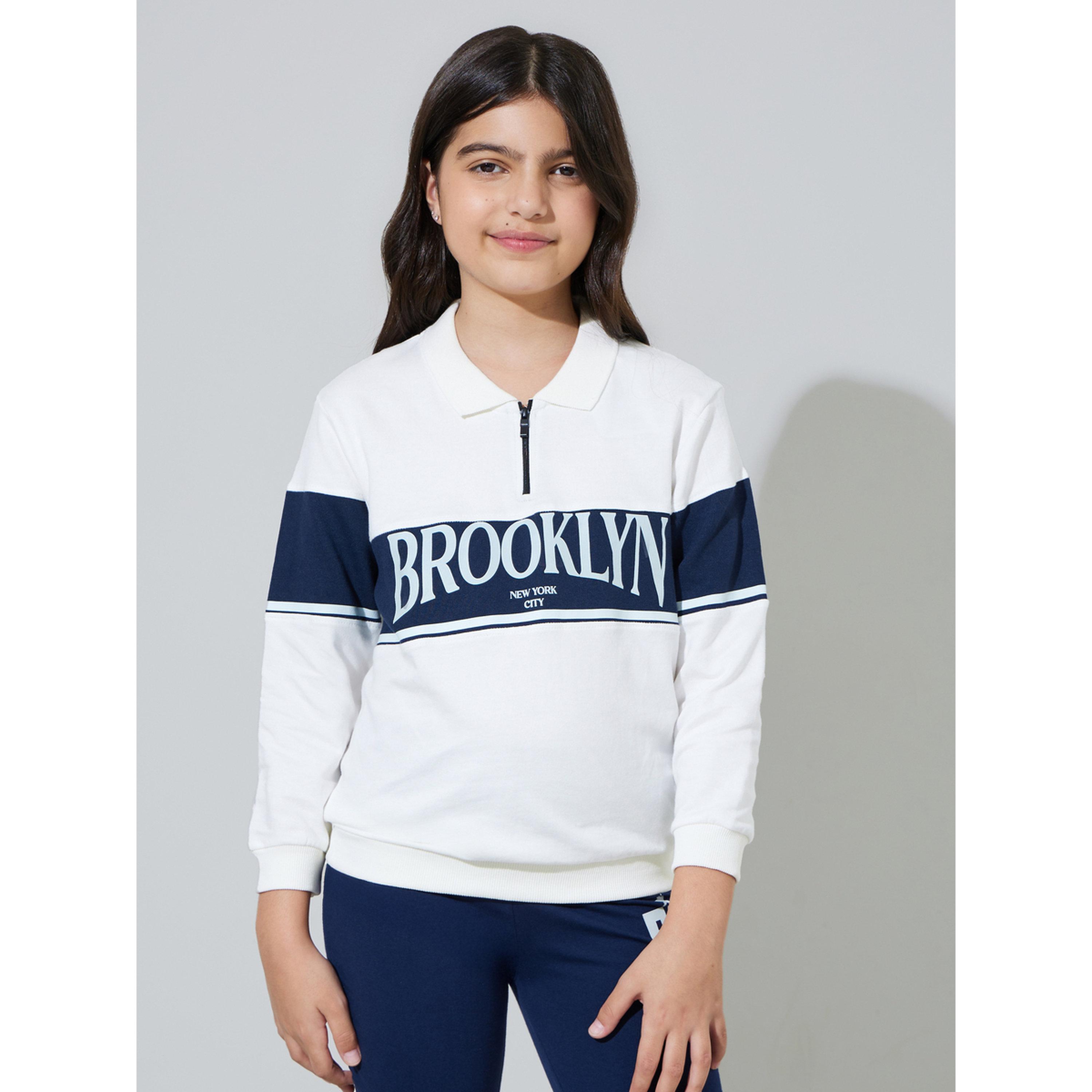 مجموعة من ليقنز كحلي وسويت شيرت بياقة وطبعة جرافيك للبنات باللون أوف وايت-girls-clothing-setsandcoords-image-2