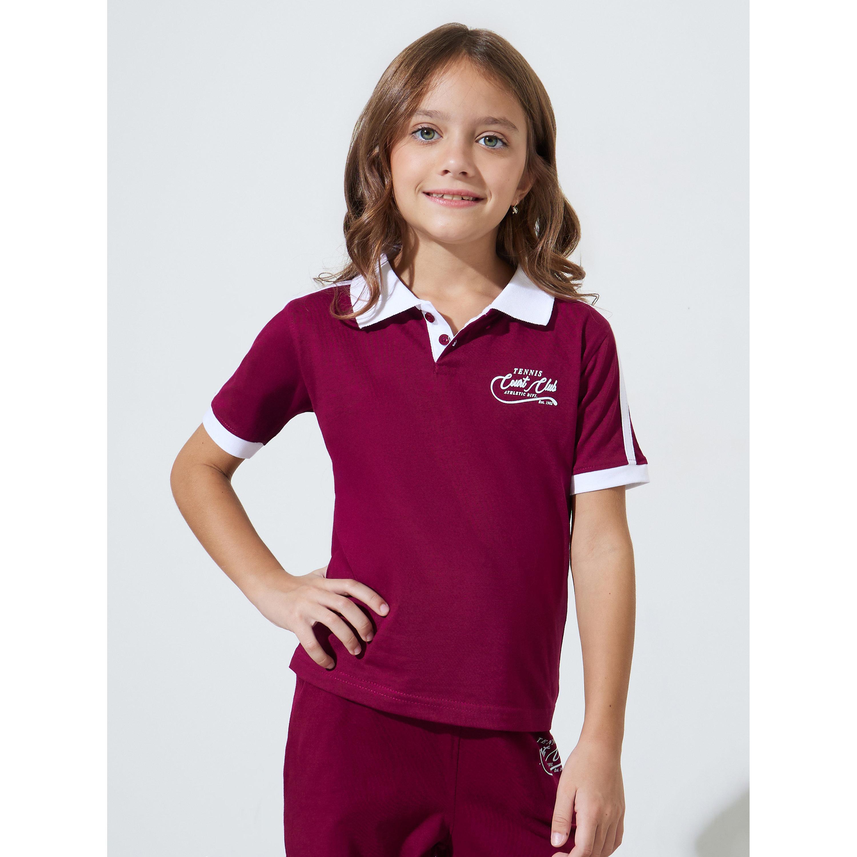 مجموعة من بنطال جوغر وتيشيرت بولو مخطط على الجوانب ومطبوع للبنات باللون العنابي-girls-clothing-setsandcoords-image-2