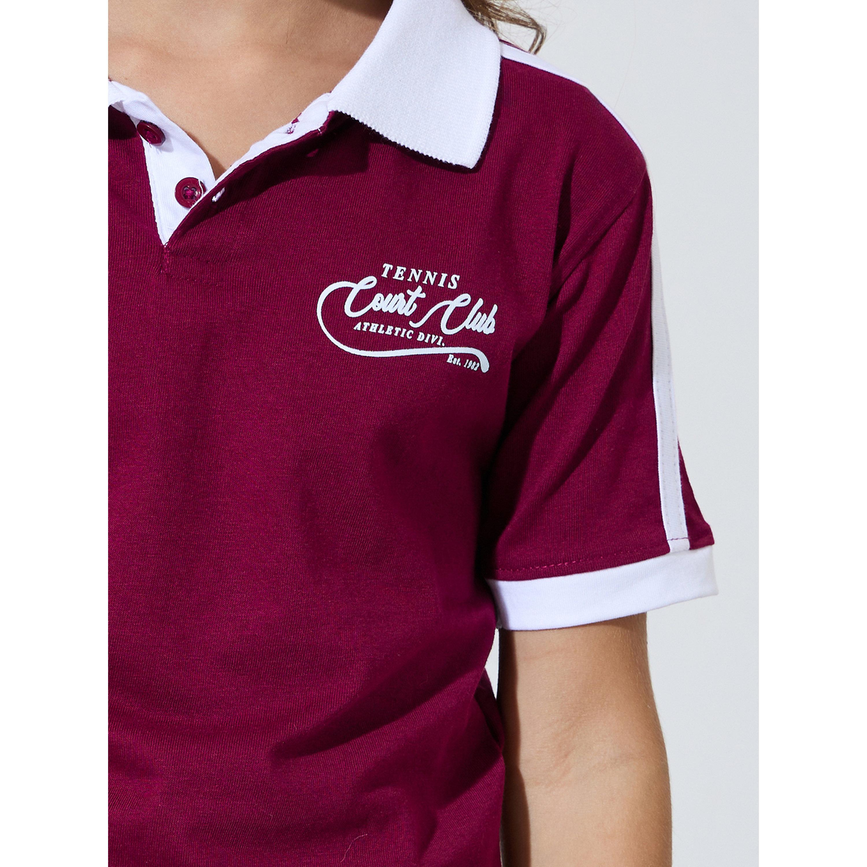 مجموعة من بنطال جوغر وتيشيرت بولو مخطط على الجوانب ومطبوع للبنات باللون العنابي-girls-clothing-setsandcoords-image-5