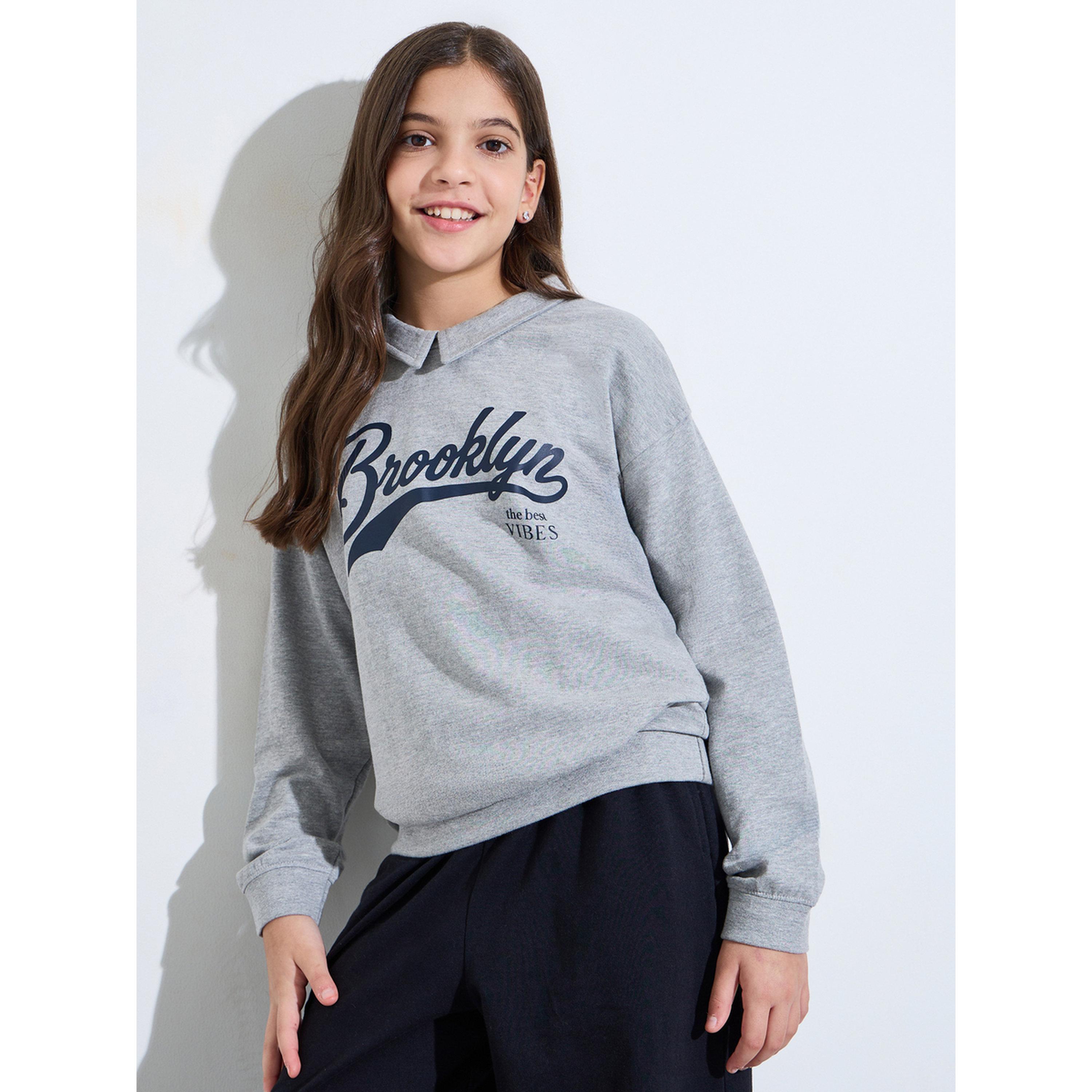 مجموعة من بنطال جوغر سادة وسويت شيرت بياقة مطبوع للبنات الكبار-girls-clothing-setsandcoords-image-2