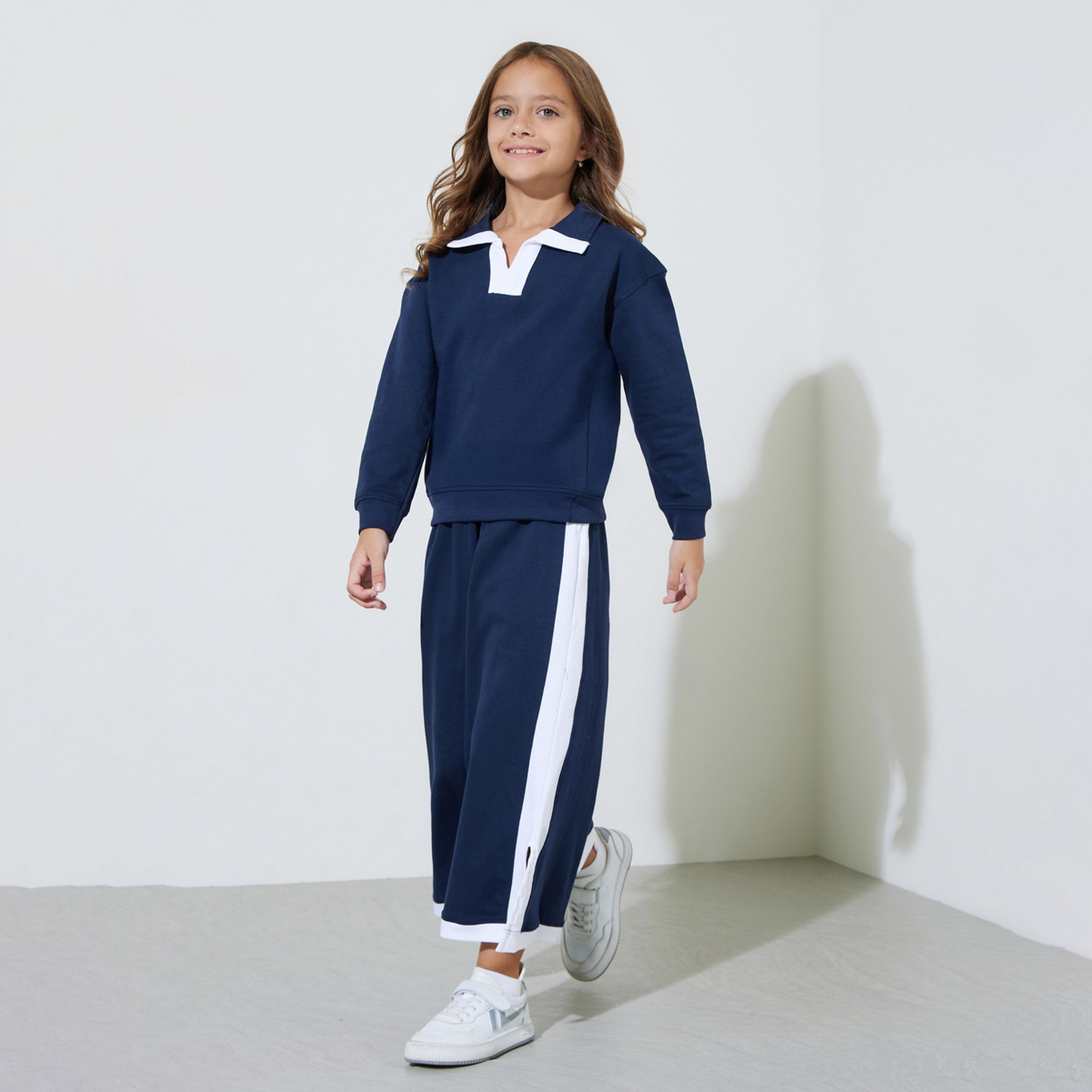 طقم من جوغر وسويت شيرت بياقة وتفاصيل متباينة باللون الكحلي للبنات-girls-clothing-setsandcoords-image-1